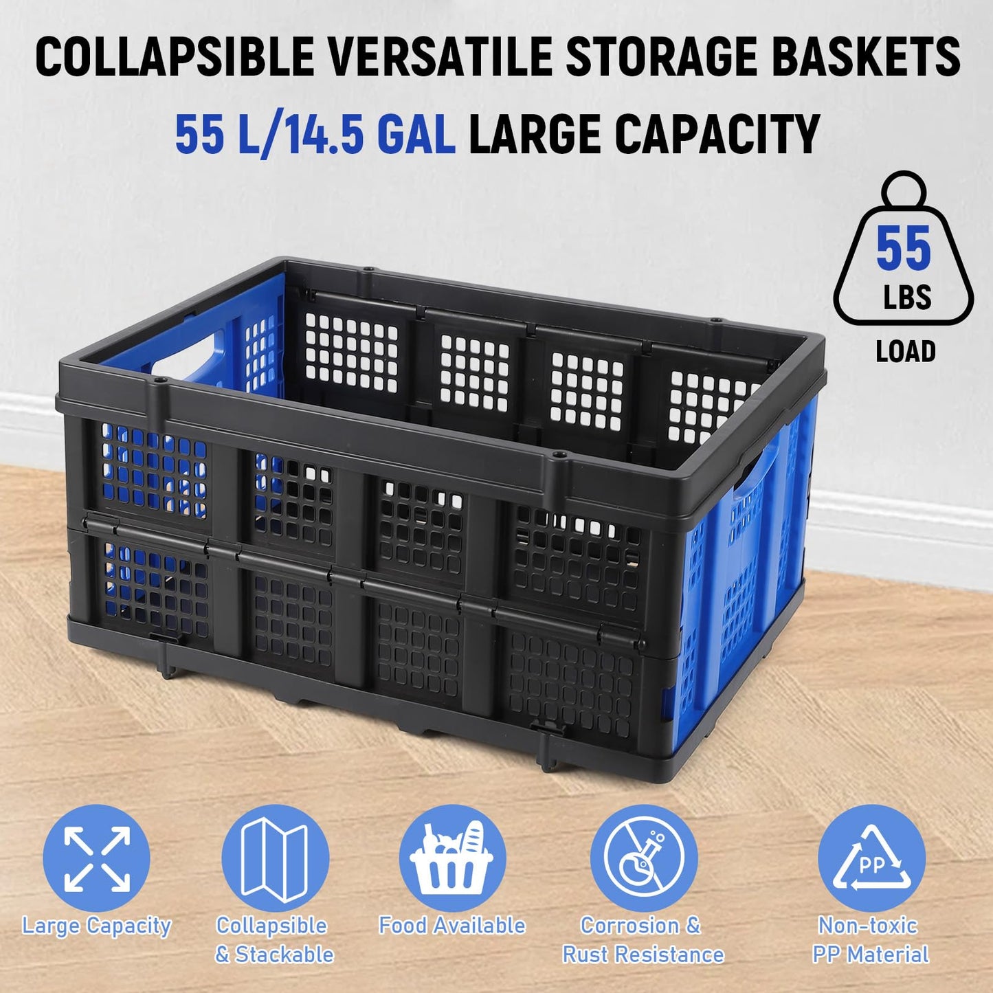 Garvee Heavy Duty Milk Crate Collapsible - 55L Foldable Storage Crate with Handles, Stackable Plastic Crates for Groceries, Moving, Camping & Car Storage (Blue)