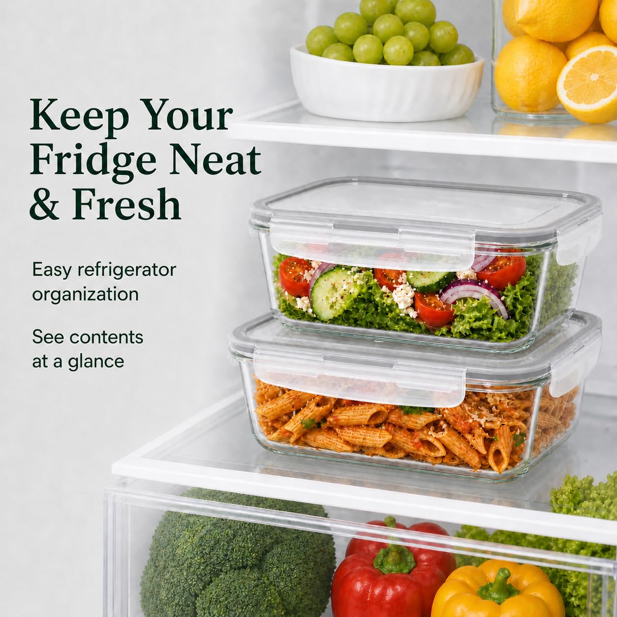 Peaktent 2 Pack 63oz Large Glass Storage Containers with Lids Big Meal Prep Food Container Set for Storing food, vegetables or fruits, BPA Free, Freezer Dishwasher Oven Safe (gray)