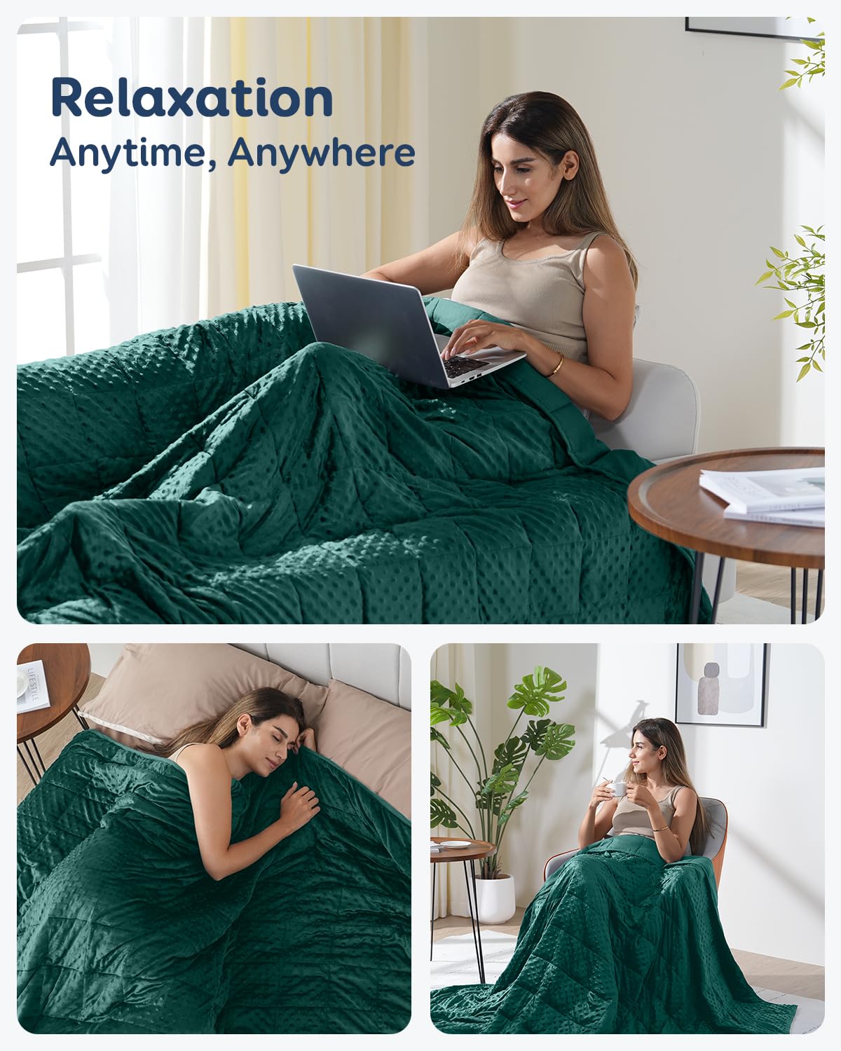Kivik Cooling Weighted Blanket for Adults, 15 lbs Breathable Minky Dot Heavy Throw Blankets, Ultra Soft Weighted Comforter, Machine Washable, 60"x80" Queen, Dark Green