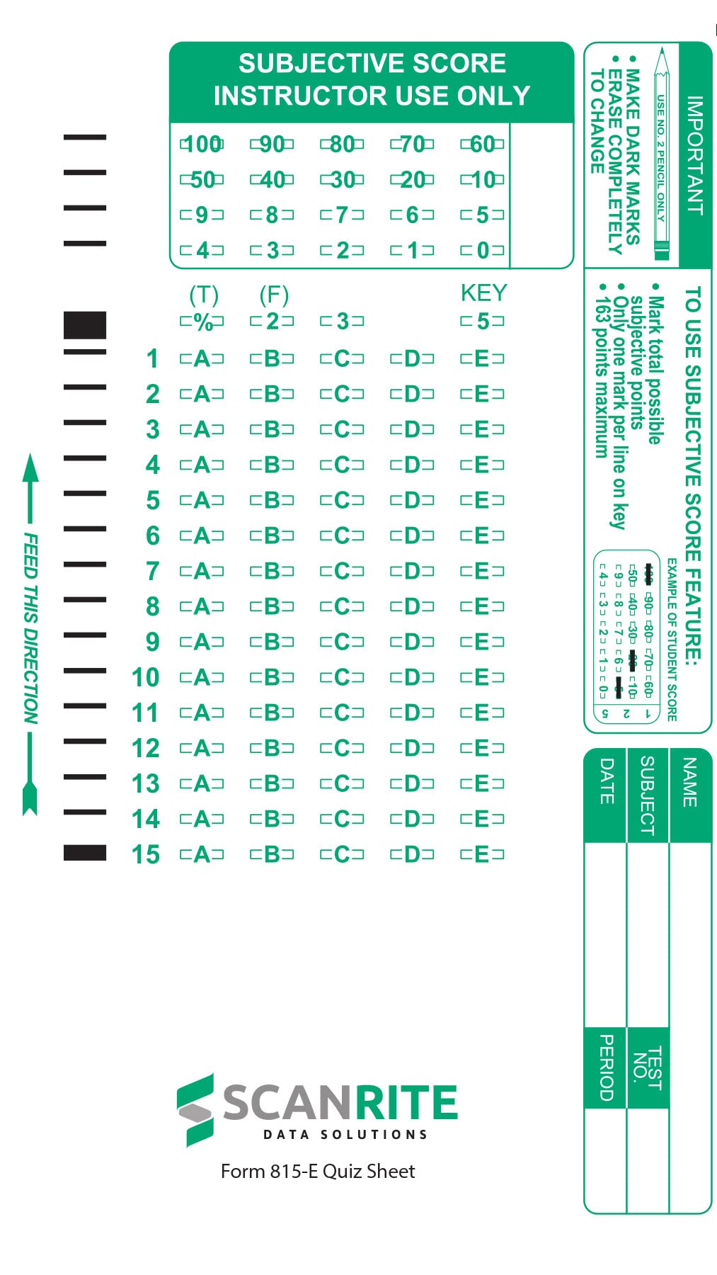 Generic ScanRite 815-E Scantron Compatible Quiz Sheet. 15 Questions. (600) White Rectangular Paper Quiz Sheet