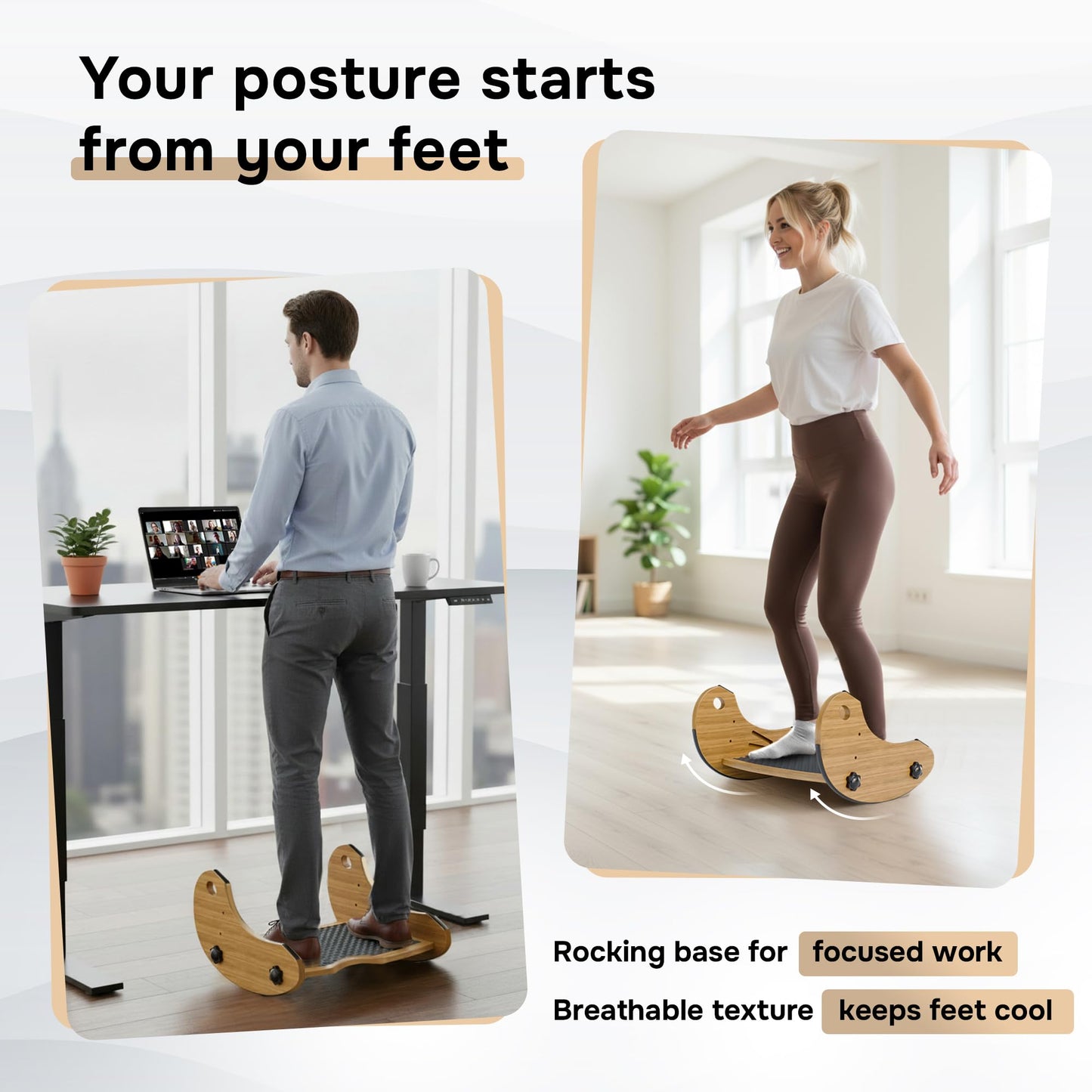Bamboo Foot Rest for Under Desk at Work, Adjustable Foot Stool, 2-in-1 Reversible Rocking Footrest, Static Leg Rest, 16in Wide Surface, Non-Slip Breathable Pad, Home Office Ergonomic Support at Work