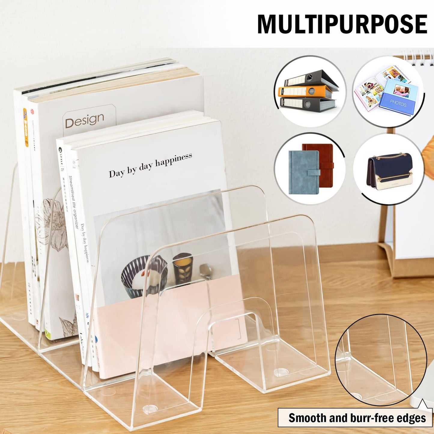 Lunmore Clear Desktop Book Organizer, Creative Book Stand, Divider Bookshelf for Home School and Office, Non-Acrylic Stand Bookshelves (3 Sections), Transparent, Pack of 2