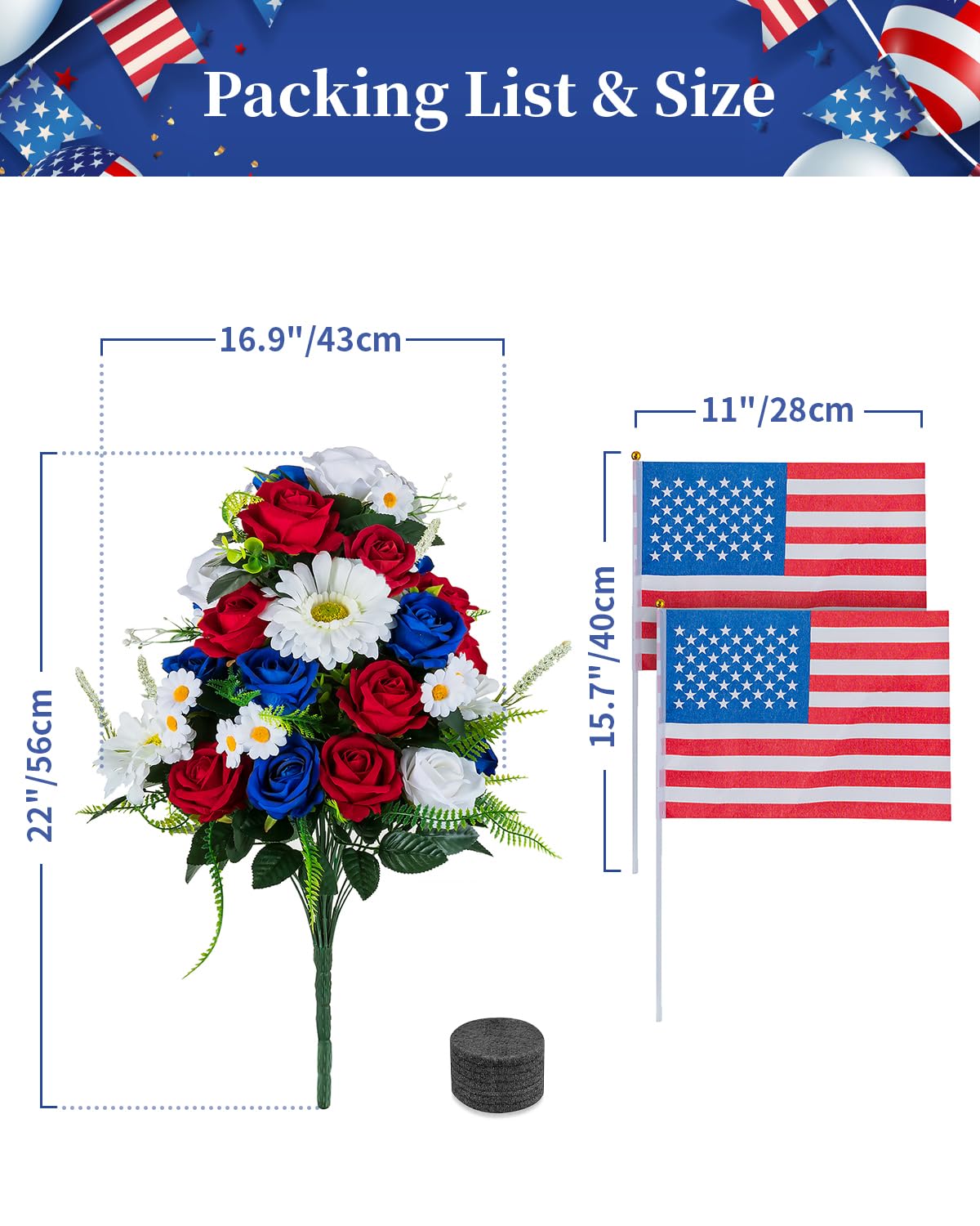 Memobloom Memorial Day Flowers for Cemetery: Large 36 Heads Velvet Red White Blue Roses Bouquet with Flags for Veterans - Outdoor Artificial Patriotic Grave Flowers America 250 Decorations