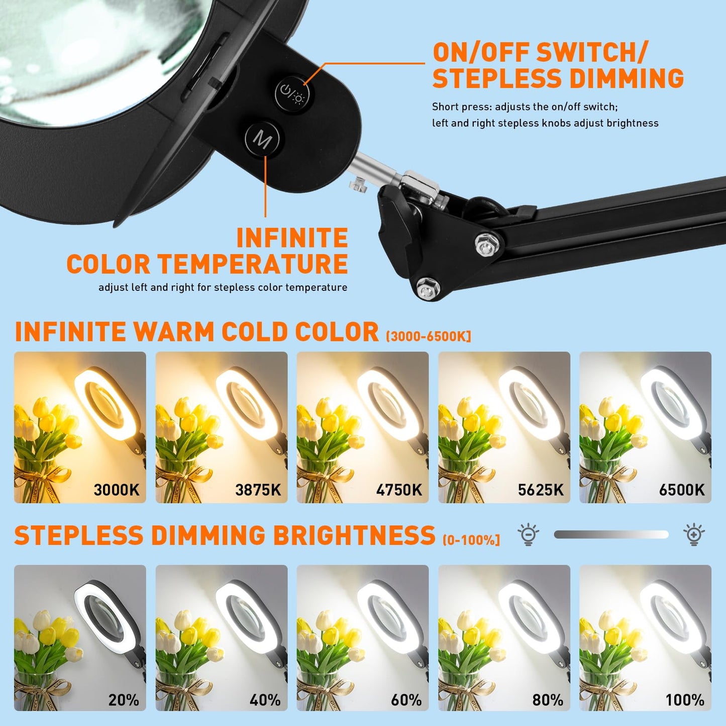 12X Large Ultra Long Magnifying Glass with Light and Clamp, 5-Inch Real Glass, 5 Color Modes, Stepless Dimmable, Hands Free LED Lighted Magnifier Stand for Workbench,Craft, Reading, Cross Stitch