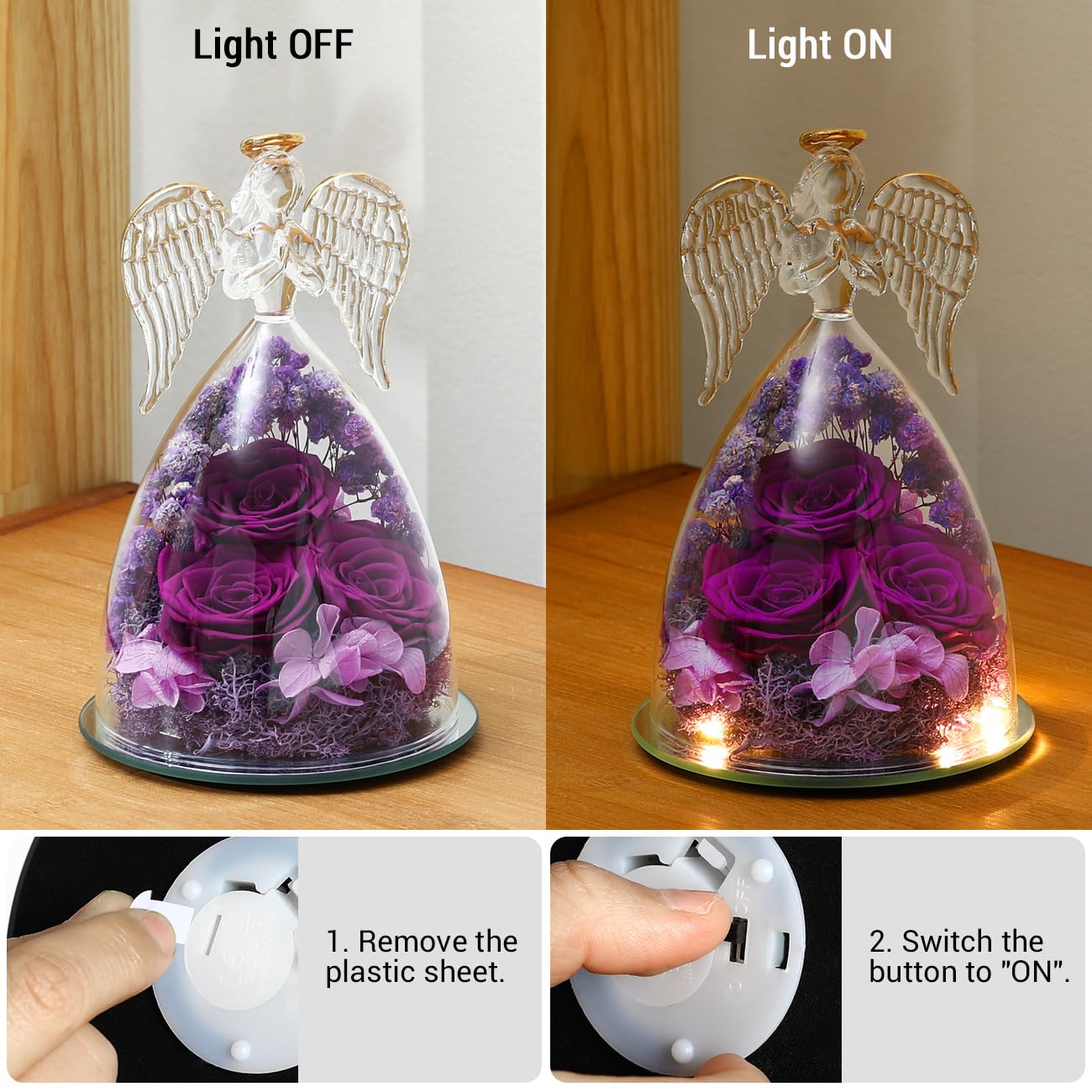 Emibele Mother's Day Angel Rose Gifts for Mom Grandma, Preserved Real Rose in Glass Angel Figurines, Eternal Flower Rose Gifts for Women on Birthday Valentines Anniversary Thanksgiving, Purple