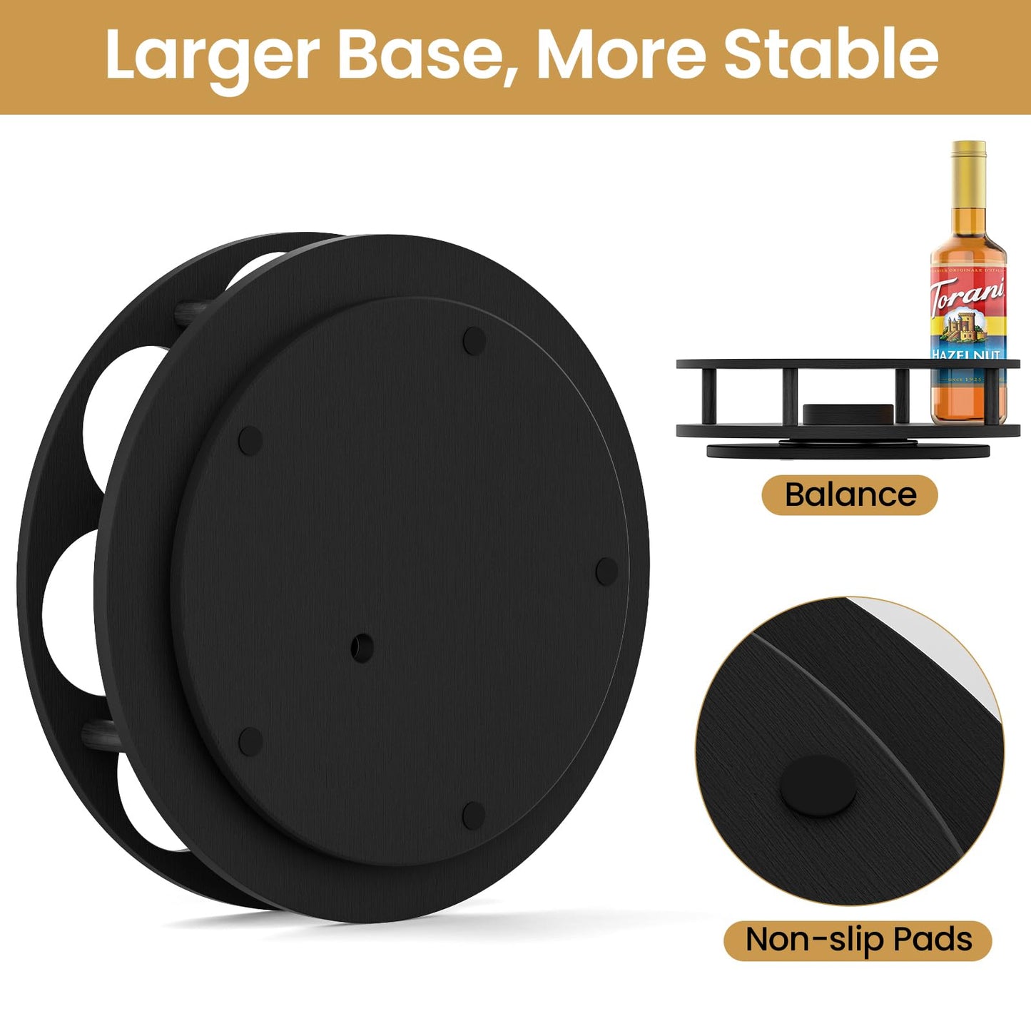 THYGIFTREE Rotating Coffee Syrup Organizer for Countertop, 9-Bottle Wooden Syrup Rack & Bottle Holder for Coffee Bar Station, Turntable Display Stand, Black