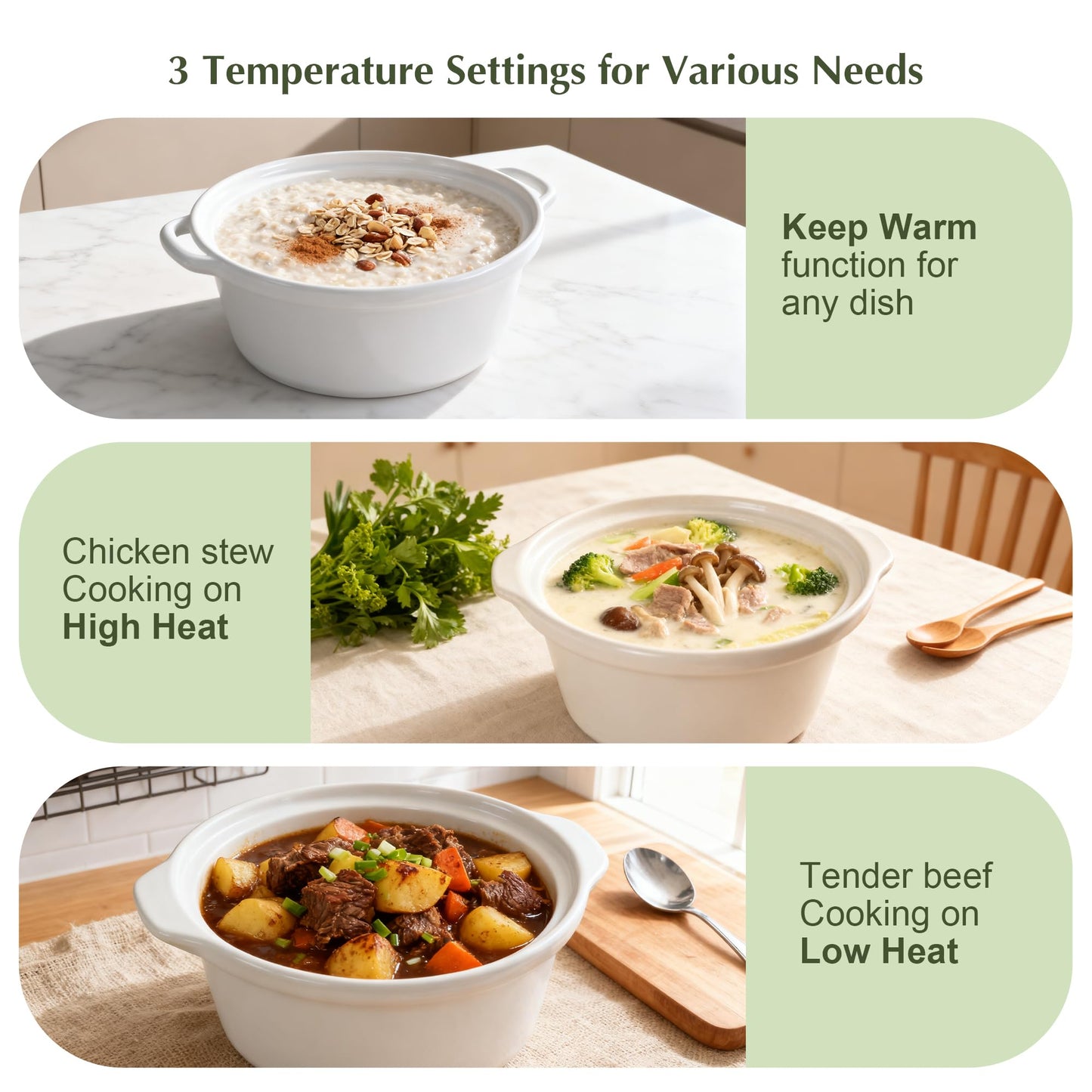 3.5 Quart Slow Cooker with 3 Heat Settings, Non-Stick and Dishwasher Safe, Removable Ceramic Pot Tempered Glass Lid, Cool Touch Handles for Entrees, Soups, Stews, Ivory White