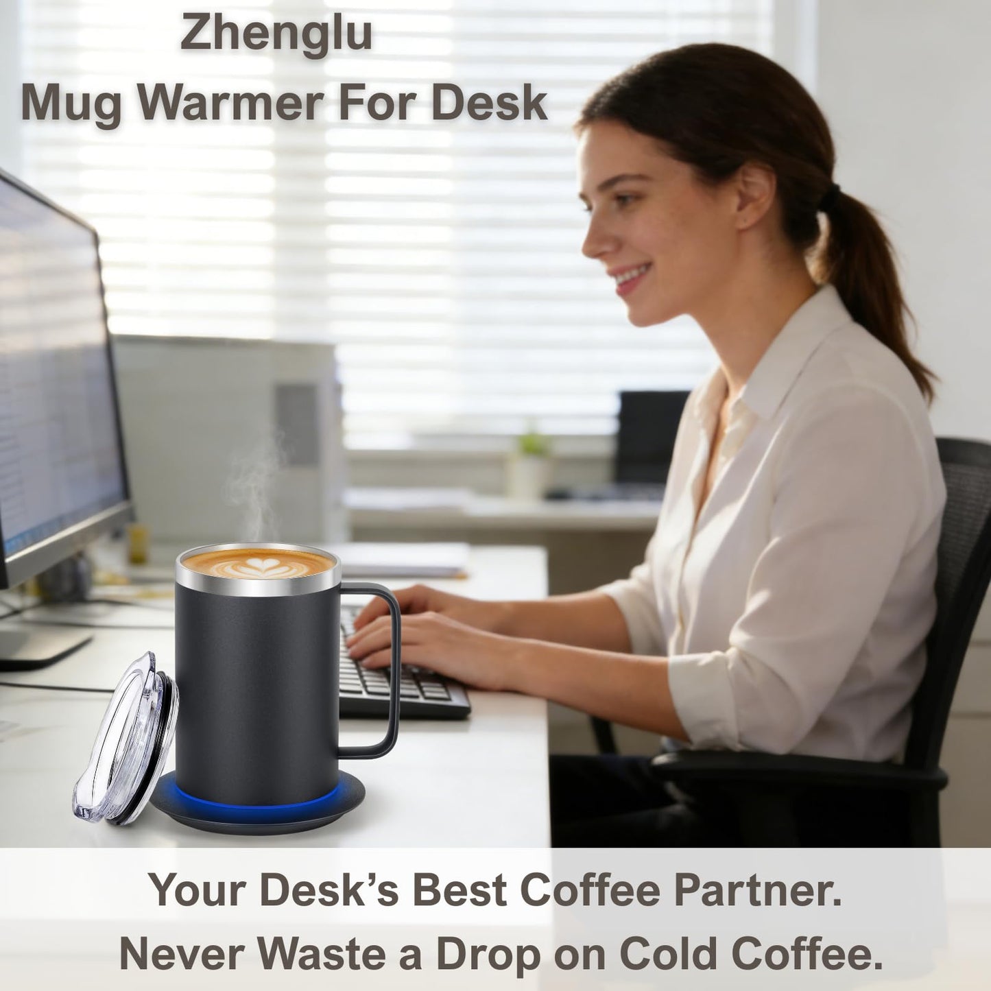 Zhenglu Coffee Warmer Mug Set for Desk, Self Heating Coffee Cup with Lid, USB Electric Coffee Mug with Temperature Control(Black-14oz)