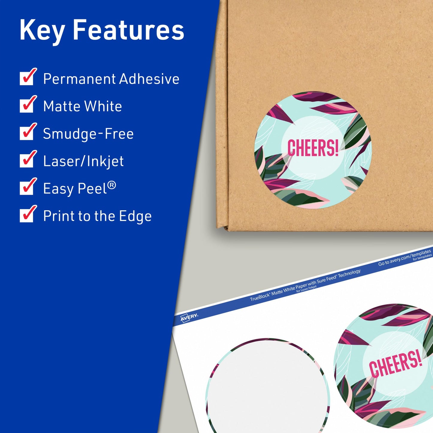 Avery TrueBlock Matte White Round Labels, Sure Feed Technology, 3.5" Diameter, 200 Matte White Labels, Print-to-The-Edge, Laser/Inkjet Printable, Great for Packaging and Product Merchandising