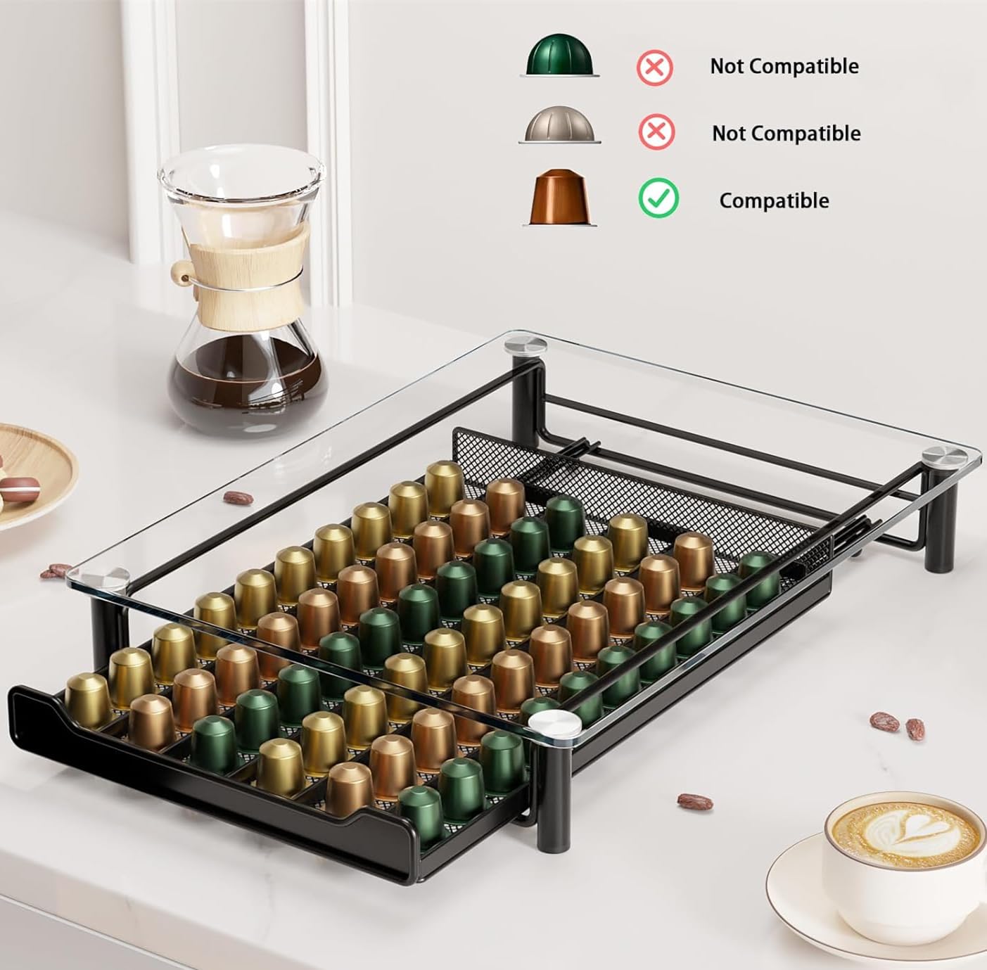 SEVENLINE Crystal Tempered Glass Coffee Pod Storage Drawer Compatible with Nespresso OriginalLine Capsules Holder 60 Original Line Pods Holds Kitchen Organizer