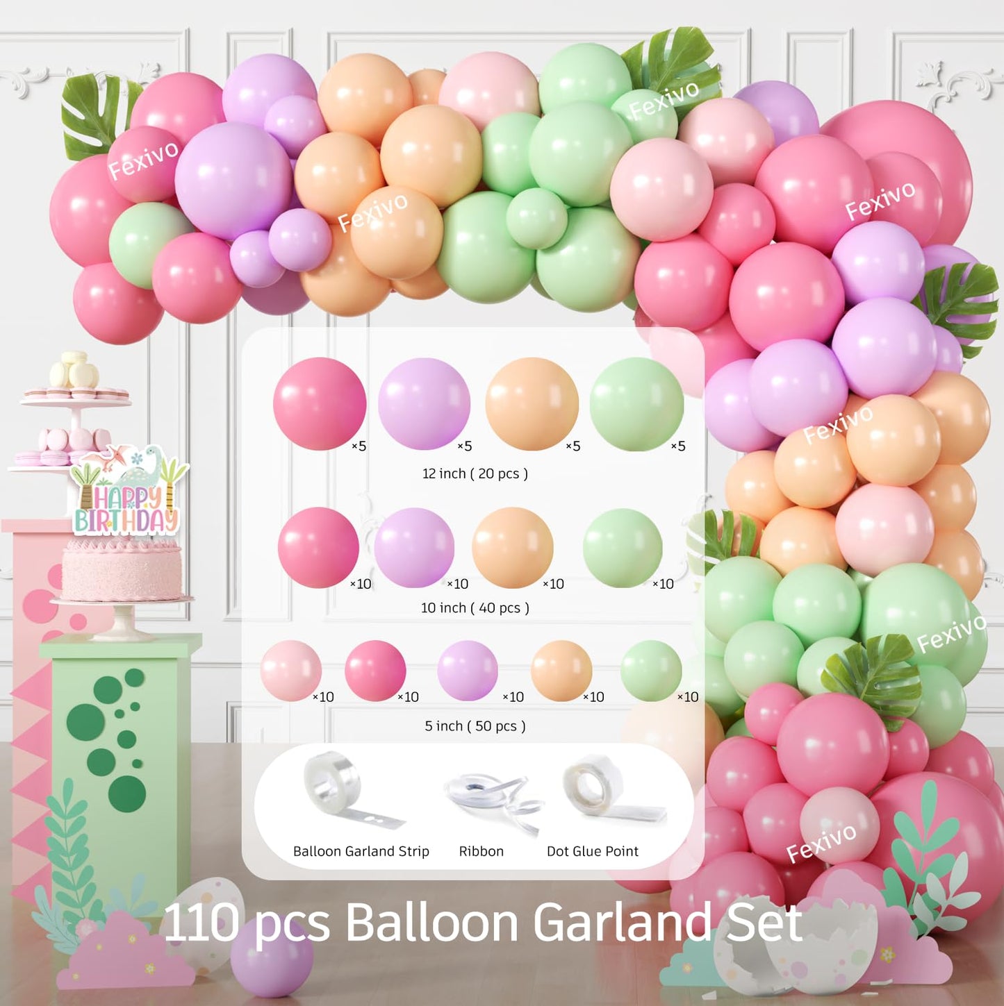 Fexivo 293pcs Pink Dinosaur Birthday Decorations for Girl, Worry-free One-stop Set for 25 Guests, with Dinosaur Balloon Arch, Plates and Dino Cupcake Stand, Easy Setup for Dinosaur-Themed Party