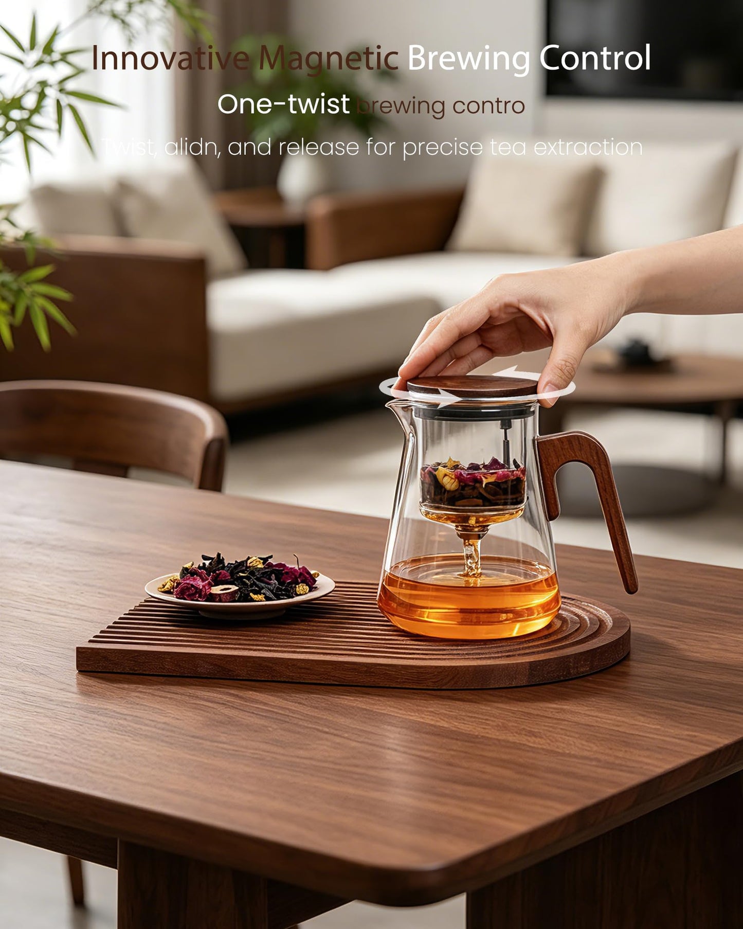 ZENS Magnetic Tea Pot, Enchanted Glass Teapot with Infuser and Magnetic Suction Lid for Mess-Free Loose Tea Diffusers, Walnut Wood Handle, Tea Lovers Gifts