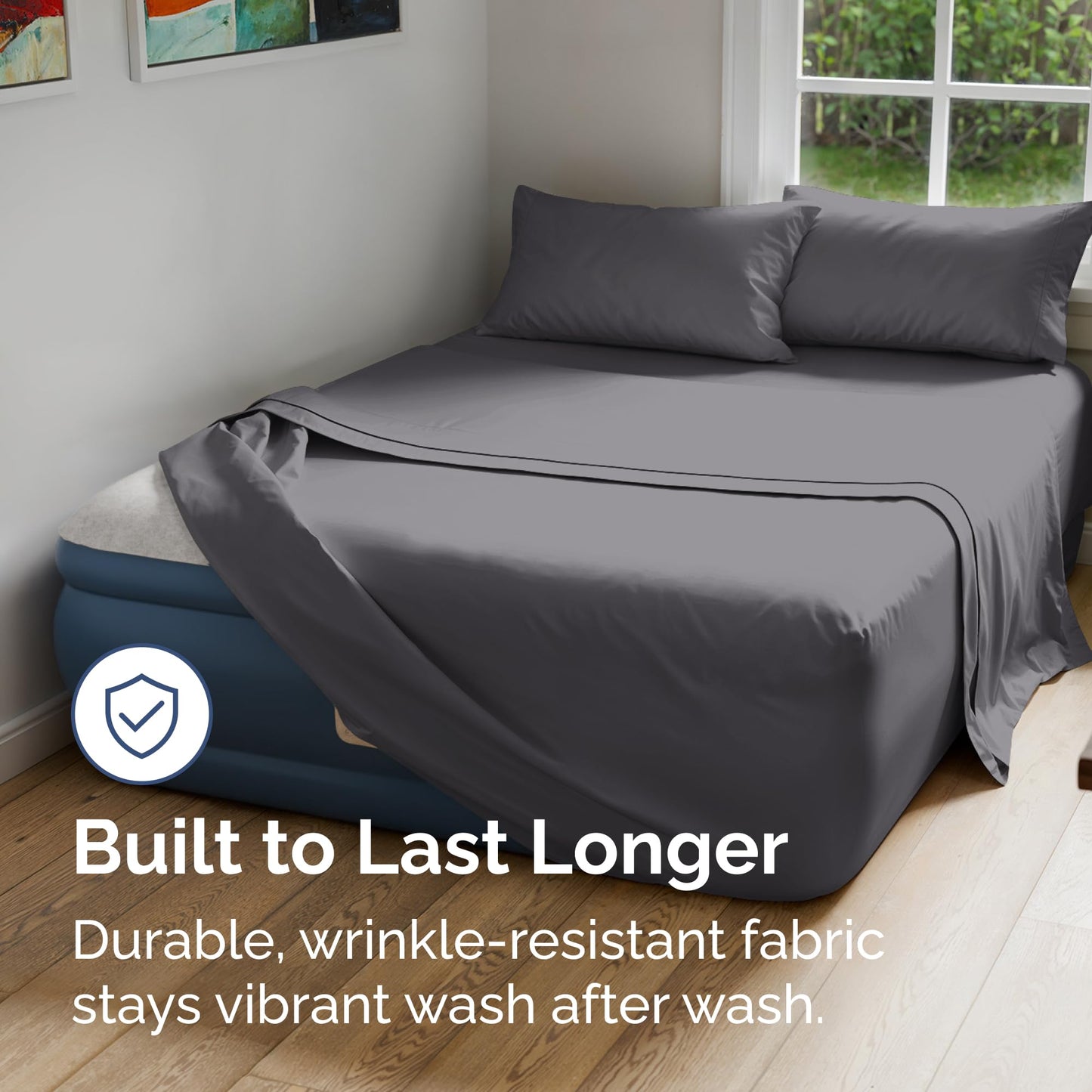 Air Mattress Sheet Set for Queen Size - 4 Piece Breathable & Cooling Sheets w/Extra Deep Pockets - Fits Inflatable & Blow Up Air Mattresses Up to 24 Inches Thick - Soft and Wrinkle Free - Dark Grey