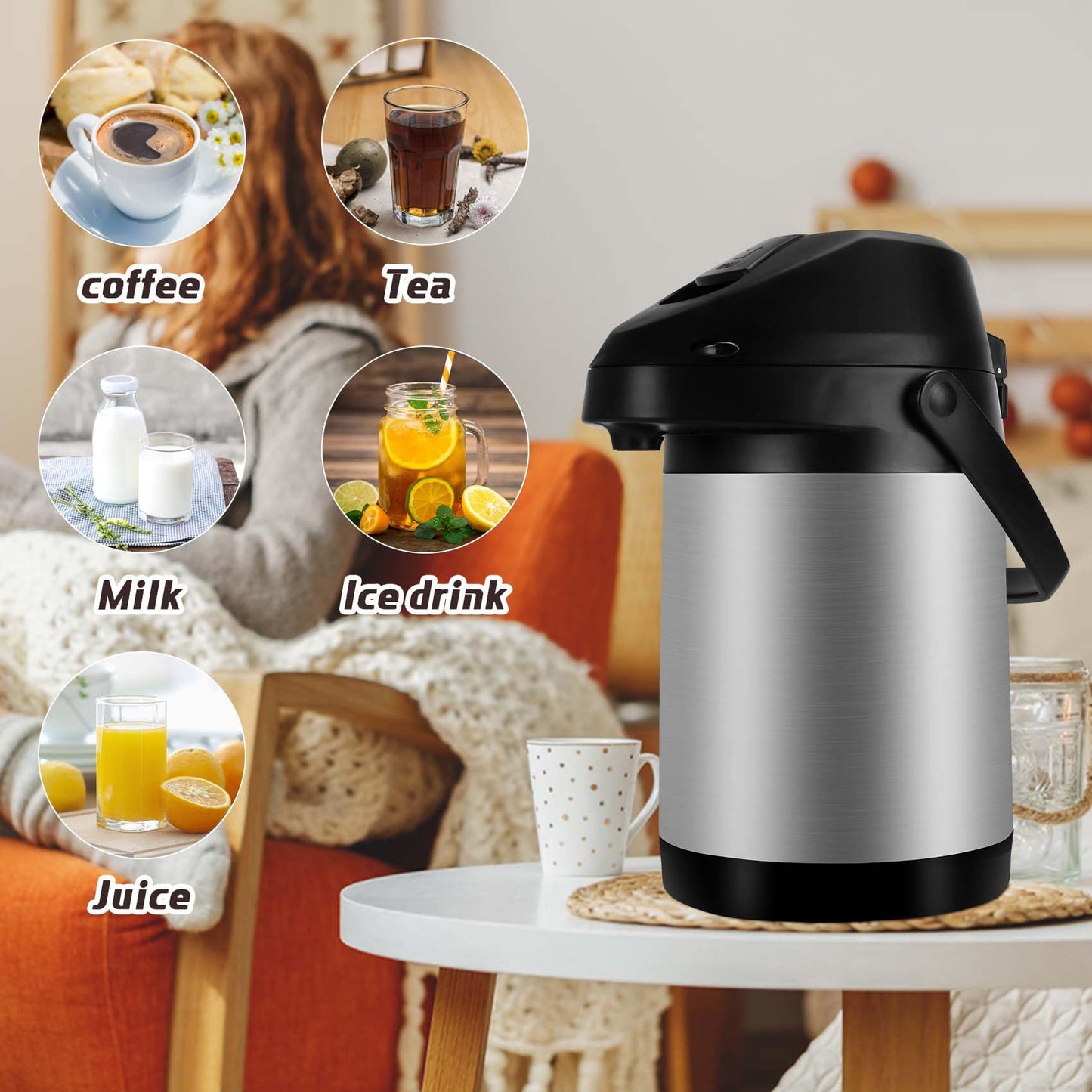 101Oz (3L) Airpot Coffee Carafe with Pump, Stainless Steel Double-wall Insulated Thermal Coffee Carafe Dispenser, 12 Hour Heat 24 Hour Cold Retention