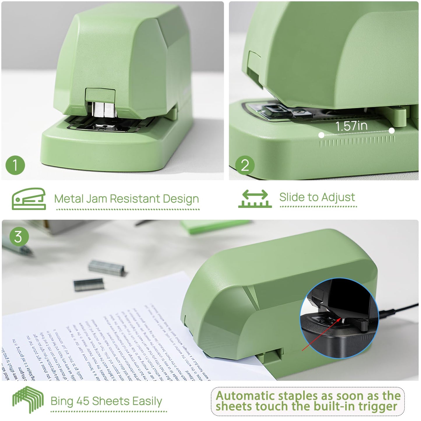Electric Stapler for Desk Value Pack, 45 Sheet Capacity, Includes 1500 Staples & Staple Remover, No-Jam, Faster Stapling, AC Adapter Powered, Saga Green