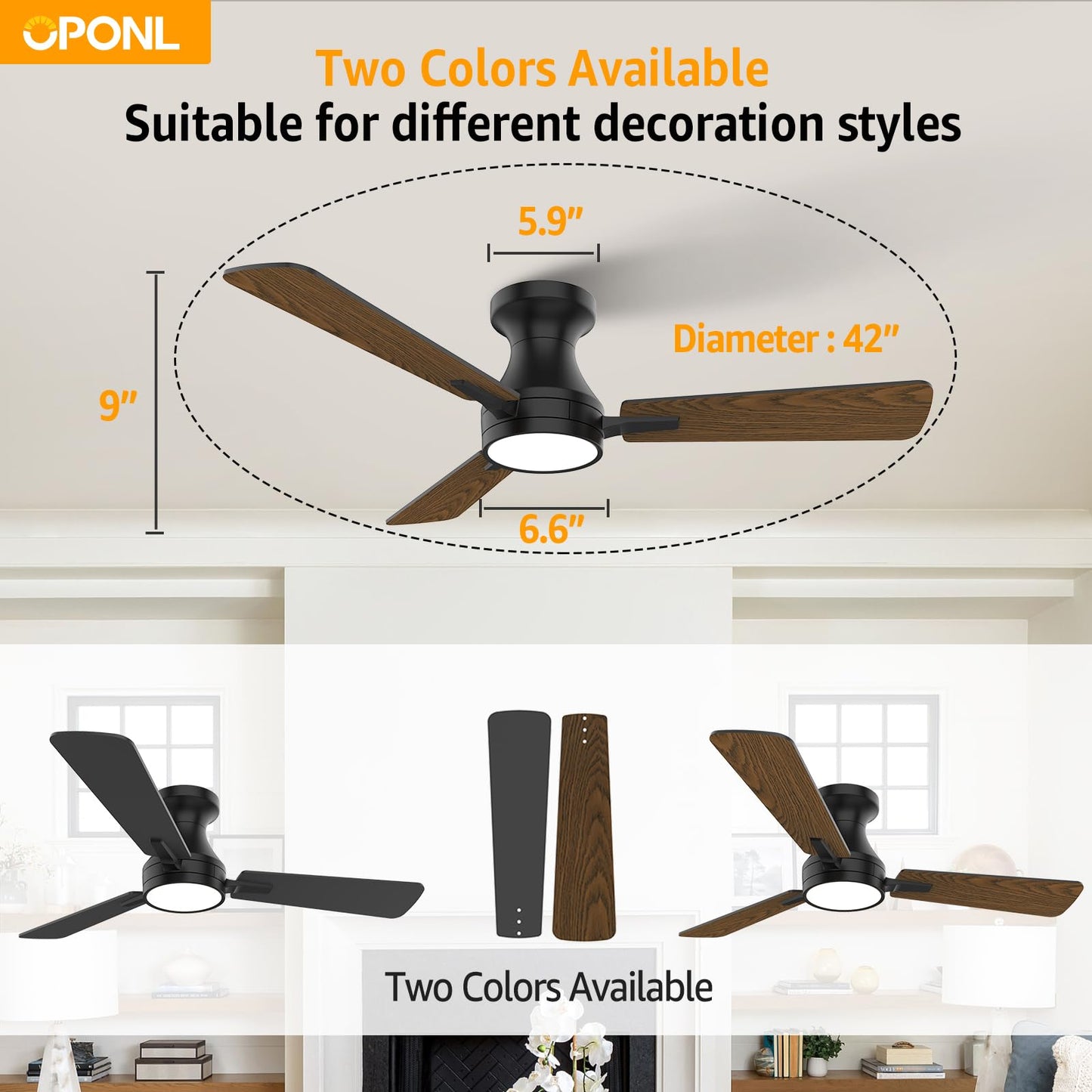OPONL 42 Inch Black Ceiling Fan with Light, Remote Control, Noiseless, Reversible, 6CCT, Dimmable, Timeable, Metal Housing Ceiling Fans with Lights for Bedroom, Indoor/Outdoor Use