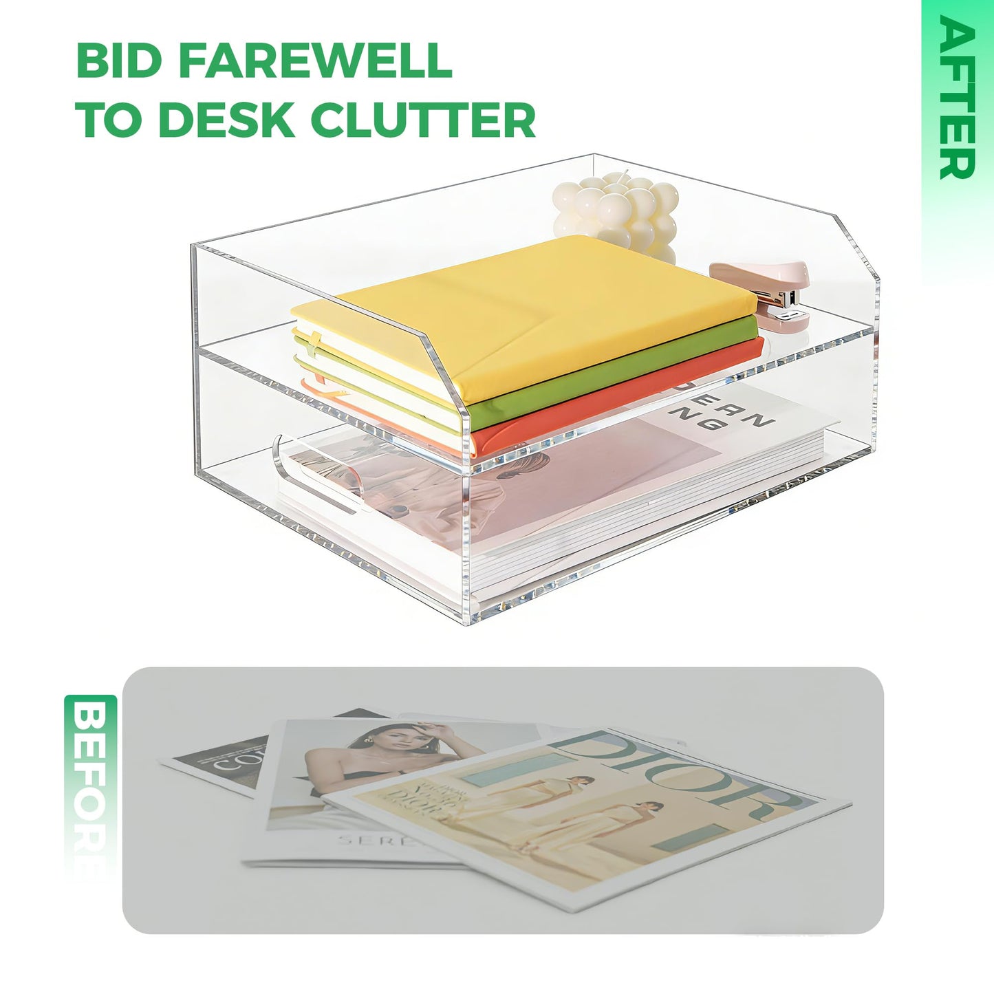 AIMOLLY Paper Tray Organizer for Desk, 2 Tier Acrylic Desk Organizers and Accessories, One-Piece Integrated A4 Paper Organizer with Handles, Crystal-Clear Letter Tray & Compact Office File Holder