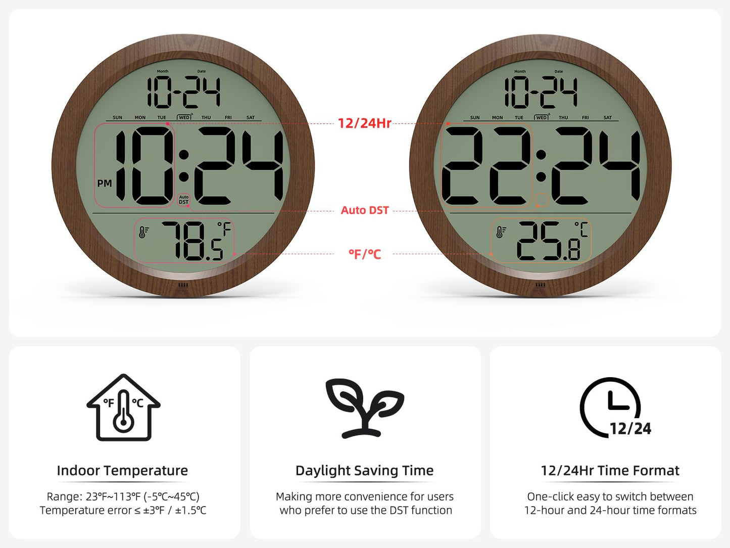 Digital Wall Clock Battery-Operated, 8 Inch Small Decorative Modern Wood Wall Clock with Date, Temperature, Auto-DST, Silent Electric Wall Clock for Bedroom, Living Room, Kitchen, Office, Farmhouse