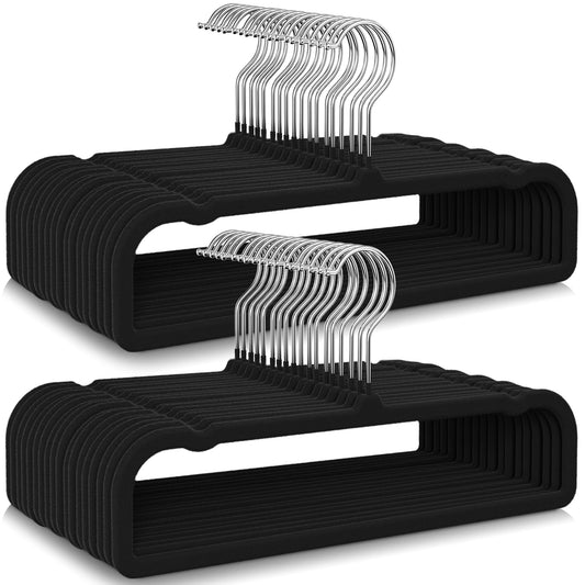 50 Pack Black Velvet Hangers Non Slip, Felt Pants Hangers Thin Space Saving Clothes Hanger Flocked Strong Durable Ganchos para Colgar Ropa with 360°Swivel Hook for Pants Jeans Shorts Skirts Tank Top