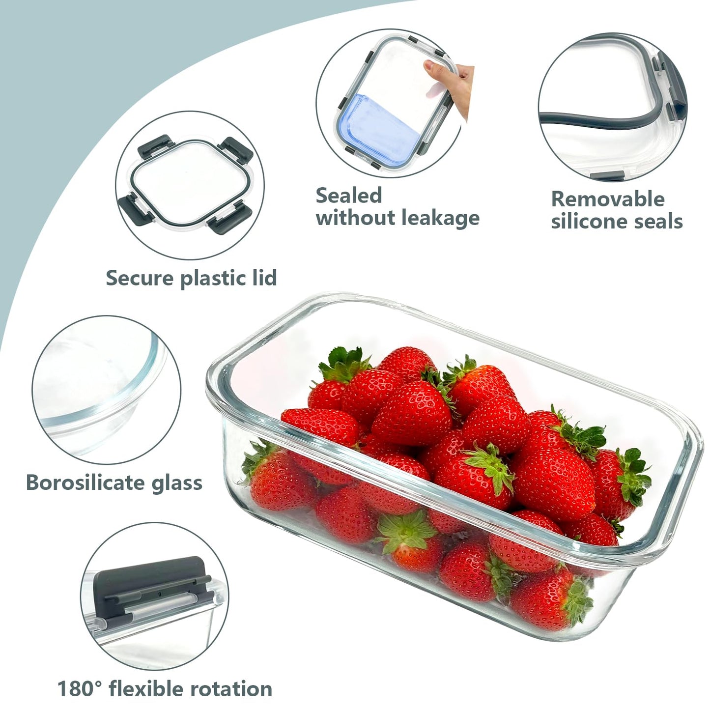 Bestfull 12 Pack Glass Food Storage Container Set with Lids Non Toxic, Stackable Borosilicate Glass Meal Prep Containers, Microwave, Oven, Freezer and Dishwasher Safe (Gray)