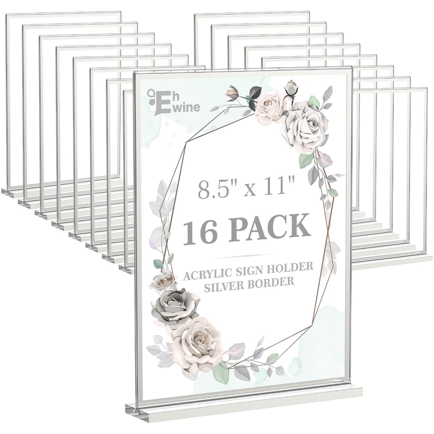 EHWINE 16 Pack Acrylic Sign Holder 8.5 x 11, Double-Sided Tabletop Silver Sign Holder, Clear Acrylic Picture Frame Menu Flyer Paper Holder Display Stand for Home Wedding Party (with Non-Slip Pads)