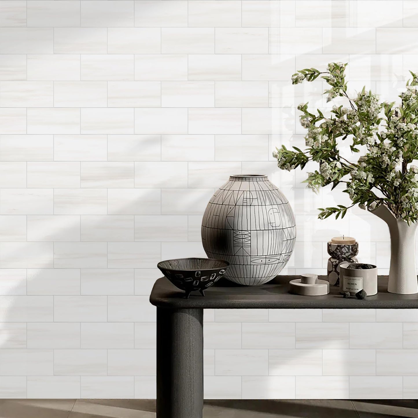 Vamos Tile 100-Piece Glossy Dolomite White Peel and Stick Backsplash Tile,3''x6'' PVC Subway Tile with White Grout, Stick on Backsplash for Kitchen/Bathroom/Fireplace