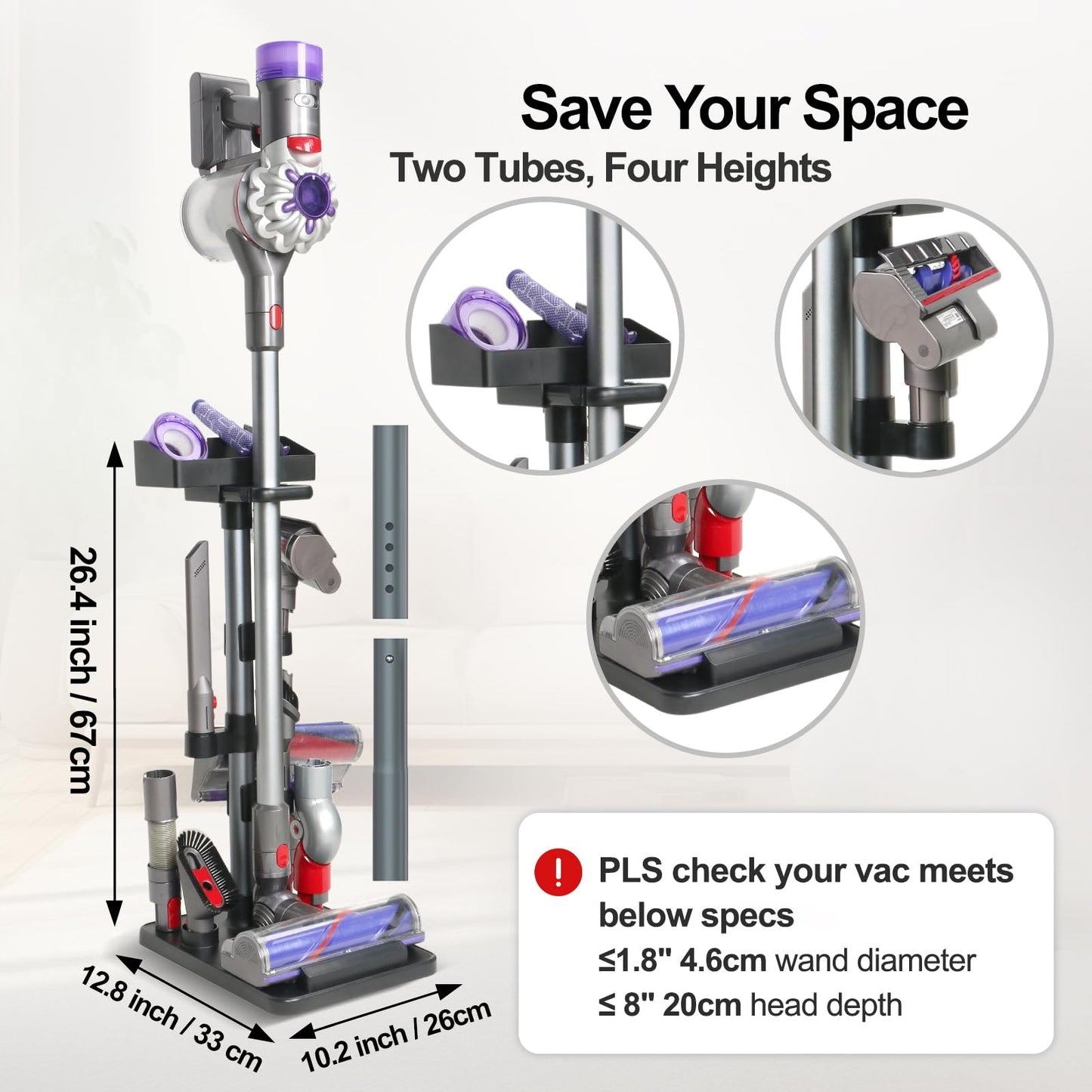 Kodahome Generic Vacuum Stand, Compatible with Bissell Dreame Dyson Eureka Shark More Cordless Stick Vacuums, Universal Standing Dock Station Organizer (Black, Adjustable Tubes)