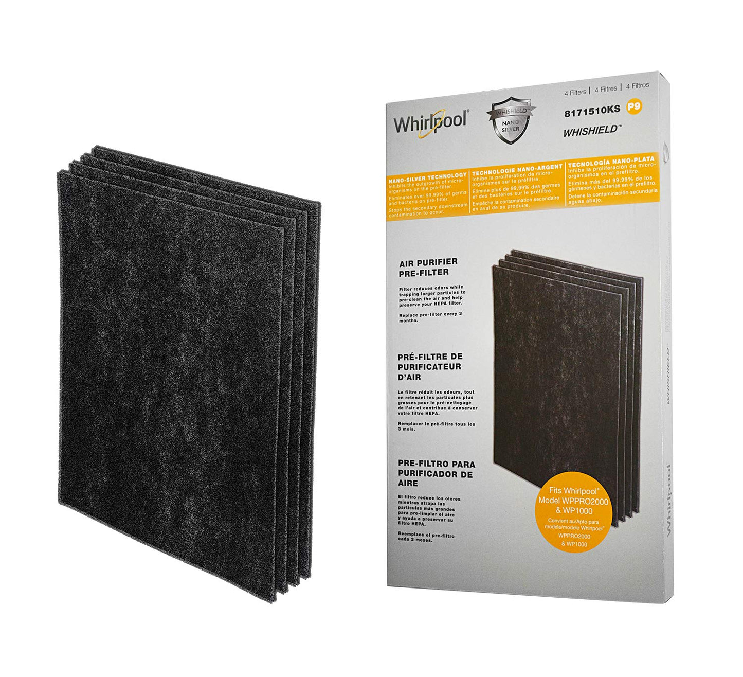 Whirlpool 8171510KS Genuine Charcoal Pre-Filter - Whishield Anti-Microbial Activated Replacement Fit for Air Purifier WP1000, WPPRO2000, Extra Large 4 Pack