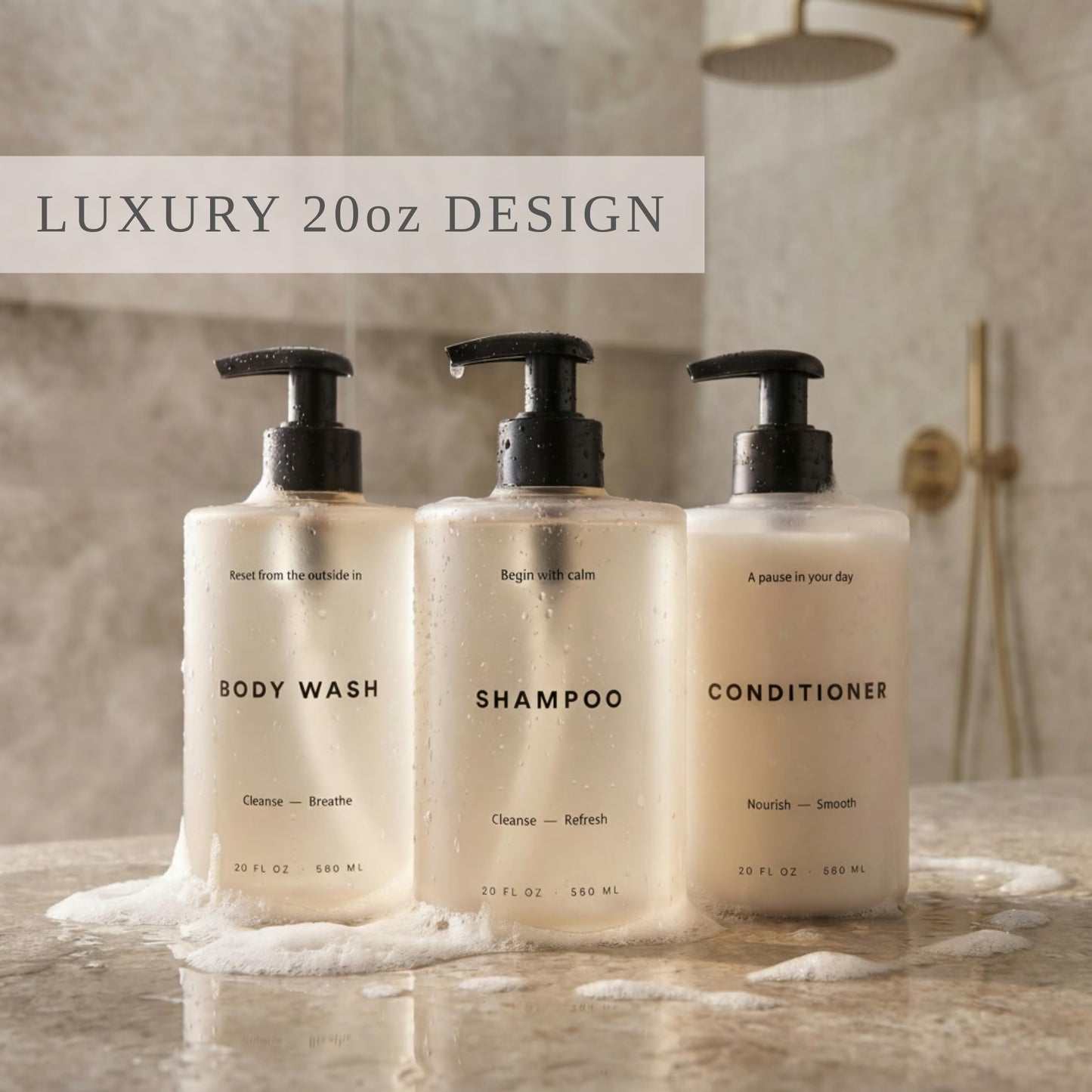 Stylish Shampoo and Conditioner Dispenser Set of 3 - Modern 20oz Shower Soap Bottles with Pump and Labels - Easy to Refill Body Wash Dispensers for an Instant Bathroom Decor Upgrade