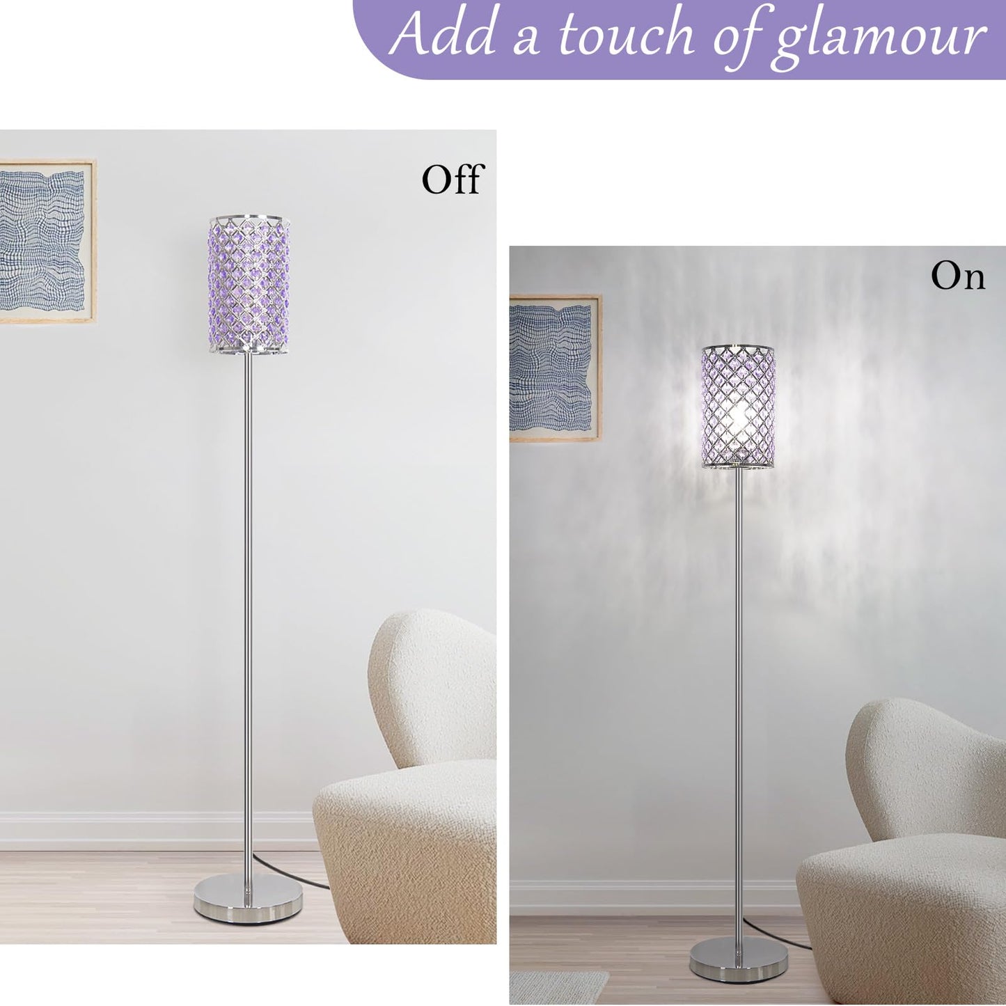 Floor Lamp for Bedroom, Lavender Crystal Floor Lamp with Glam Shade, Elegant Standing Lamp with On/Off Foot Switch & Silver Base, Corner Pole Lamp for Girls Bedroom, Living Room, Office (E26 Base)