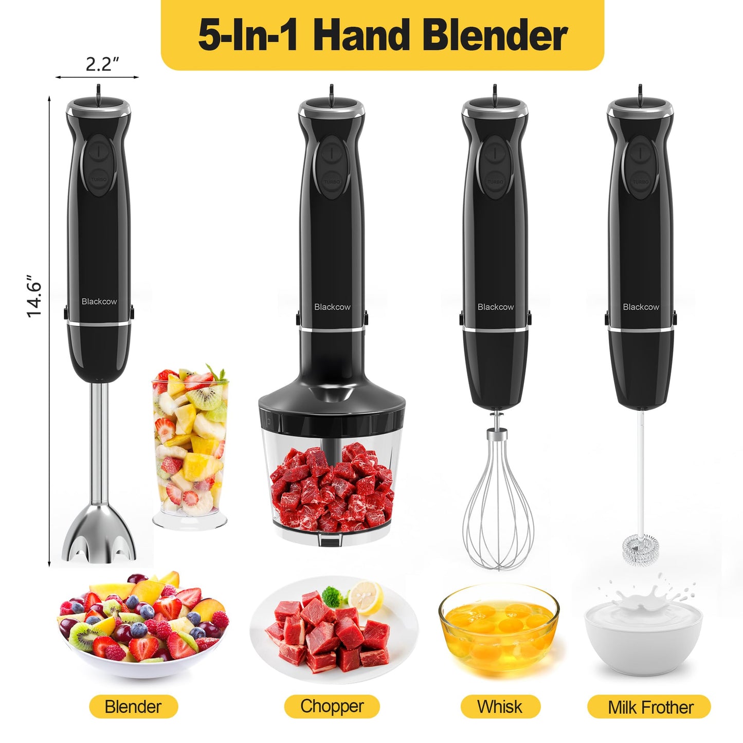 Immersion Blender Set for Kitchen,500W Extra Quiet Emulsion Blender Handheld,12 Speed Electric Hand Mixer with BPA Free Attachments:Chopper Bowl,Whisk,Milk Frother,Measuring Cup