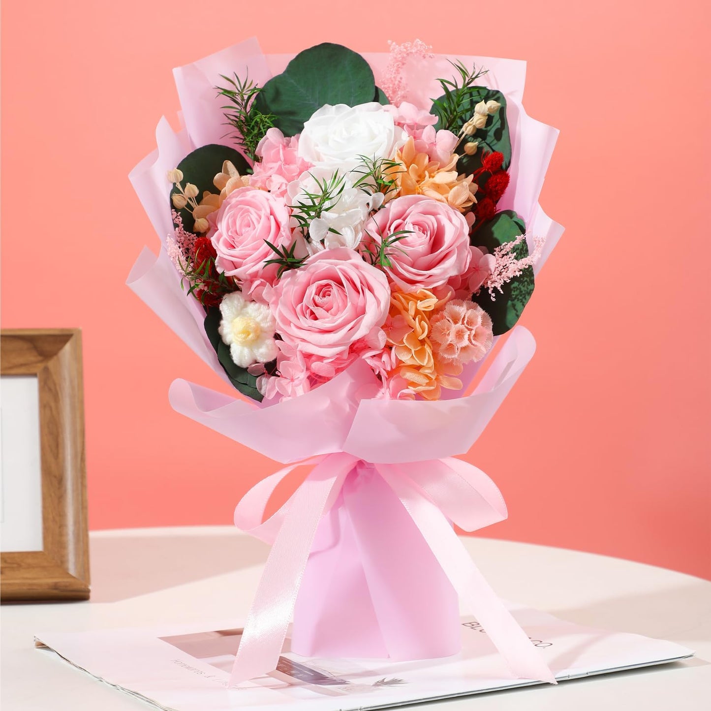 HOTKBO Flowers for Delivery, Preserved Flowers Bouquets – 4 Eternal Pink Preserved Roses that Last 2-3 Years, Graduation Gift, Forever Roses Bouquet for Birthday, Anniversary, Home Decor