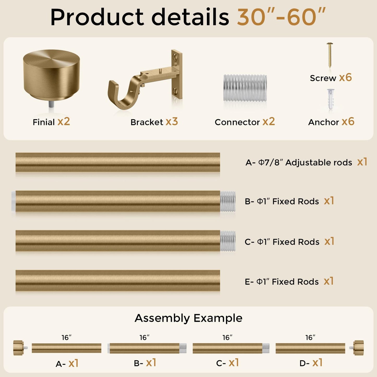 Wolistsa Brass Gold Curtain Rod 34 to 186 Inch, Brushed Warm Gold 1” Adjustable Extra Long Heavy Duty Curtain Rods for Windows, Decorative Antique Drapery Rods with Modern Solid Aluminum Finials