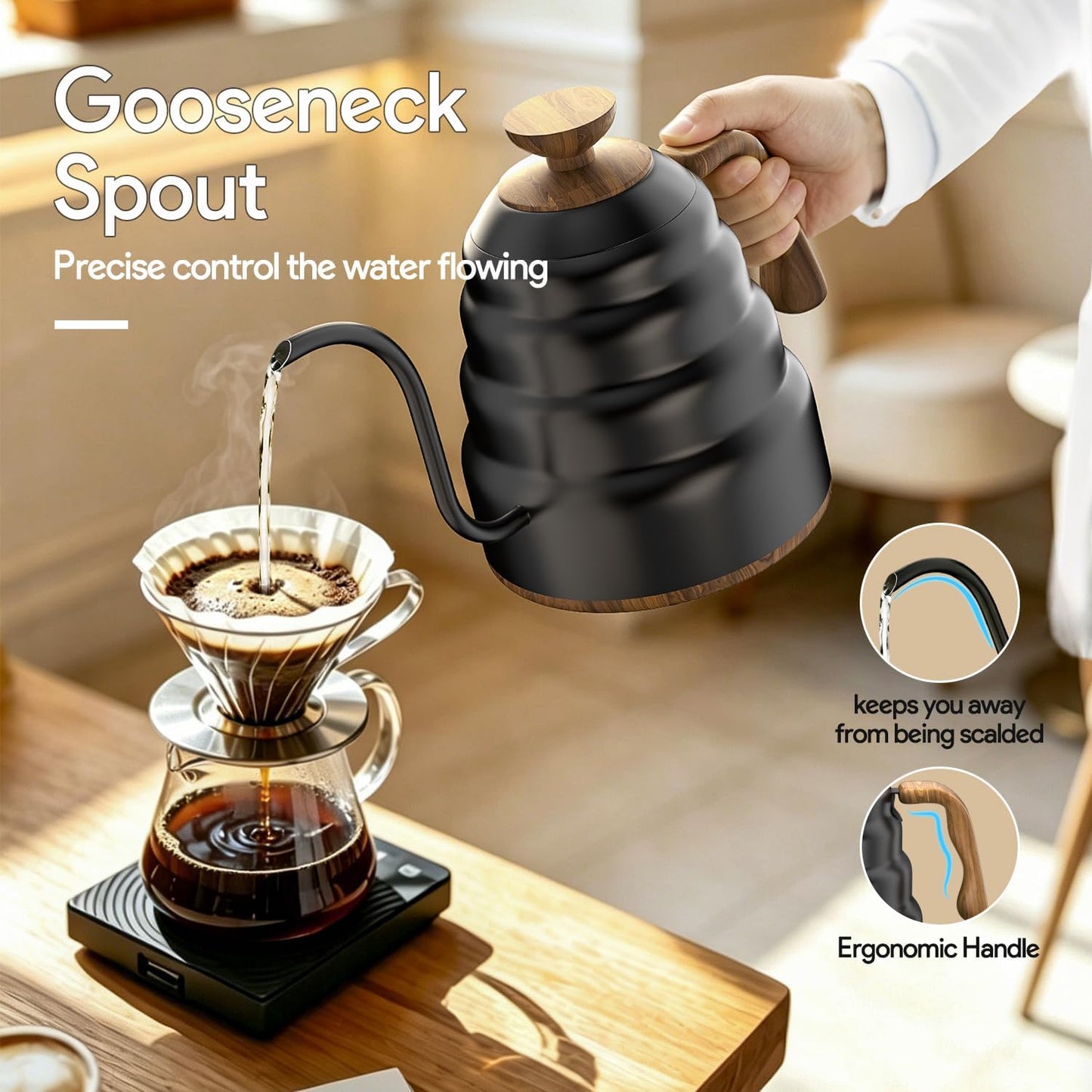 Electric Gooseneck Kettle, 30oz/0.9L Intelligent Temperature Control, Quick Heating, 304 Stainless Steel for Pour Over Coffee, Brew Tea, Boil Hot Water, 1000W (Black)