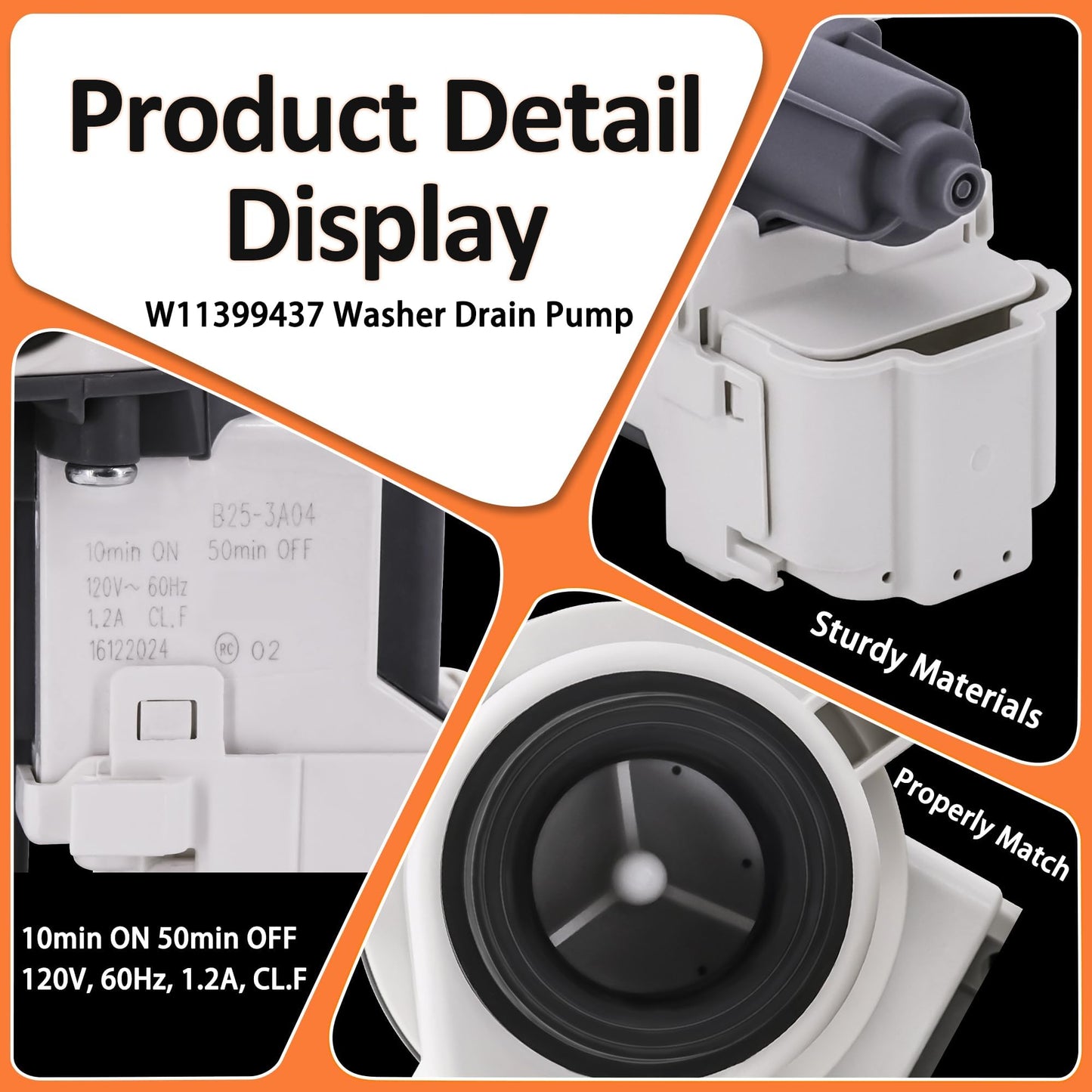 WTW5057LW0 WTW5105HC2 B25-3A04 W11399437 W11259498 Washer Drain Pump Replaces 4961028 AP6974144 PS12731241 EAP12731241 Fit for May-tag Whirl-pool Washing Machines