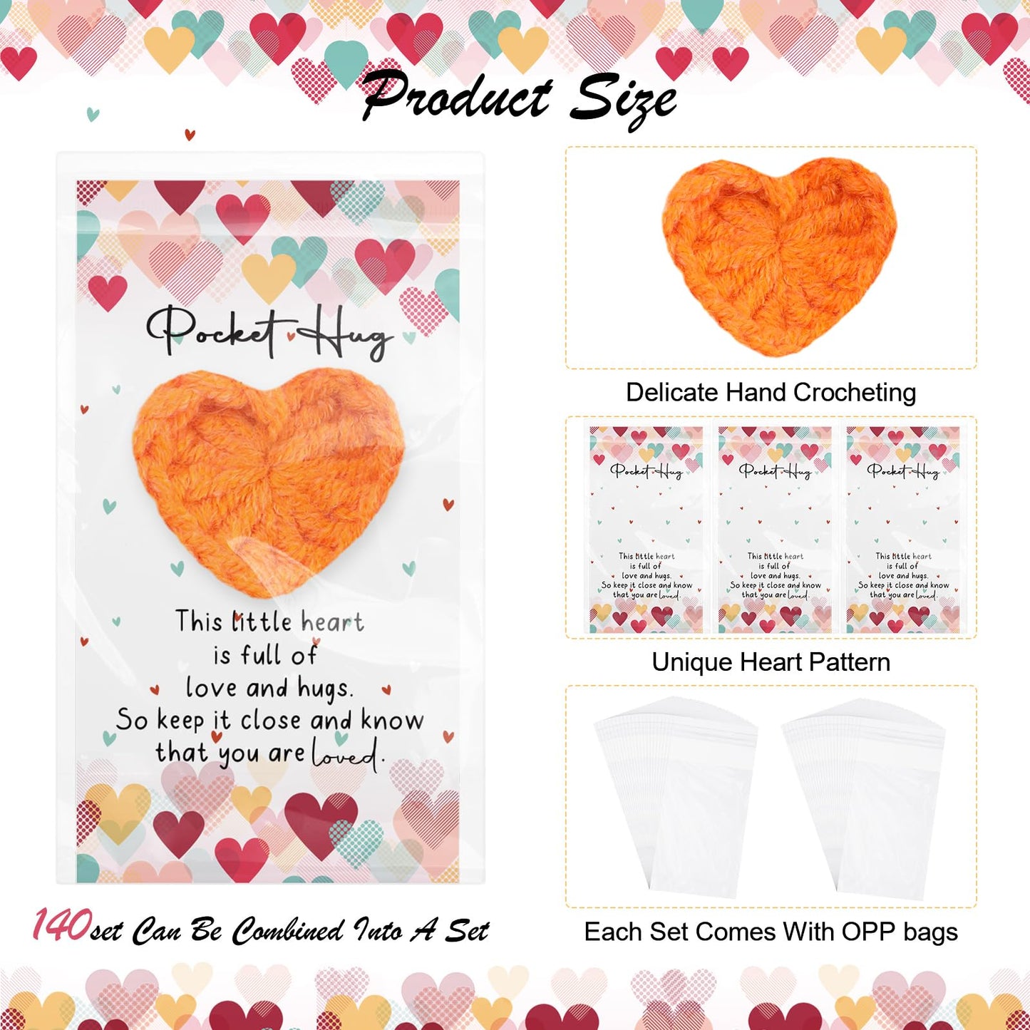 Mindsoft Emotional Cheer Support Gift Bulk Cute Hand Crocheted Pocket Hug Heart Inspirational Cards and Bags Party Favor for End of Year Preschool Toddler Boy Girls(140 Sets)