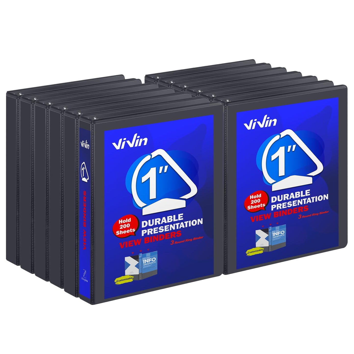 3 Ring Binder 1 Inch, ViVin Sturdy 1"-Slant D Ring Binder with 2 Interior Pockets, Clear View Cover, PVC-Free, Fits 225 Sheets of US Letter Size Paper (12 Pack, Black)