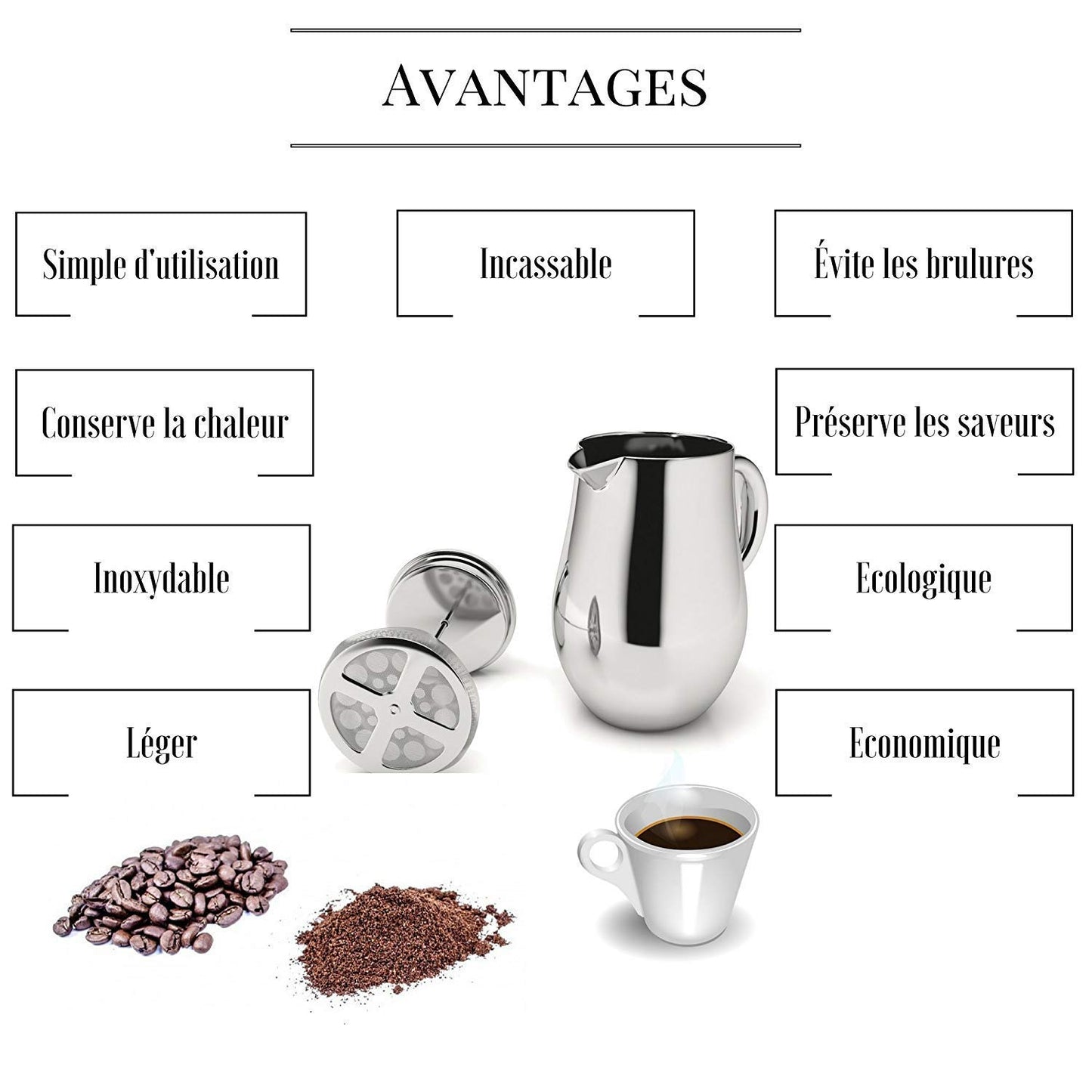 VeoHome - 1 Litre piston coffee maker - Unbreakable and keeps coffee hot for a long time thanks to its double stainless steel shell…