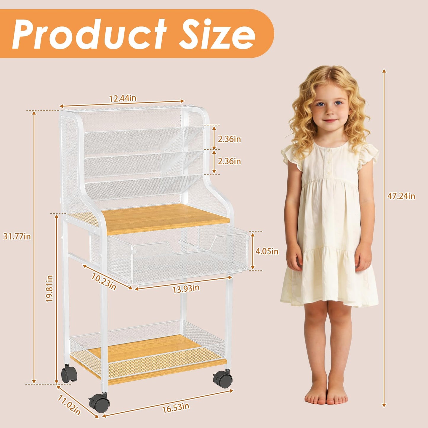 Small Utility Rolling Cart with Drawer, White Craft Organizer and Storage, Metal Craft Cart with Lockable Wheels, 6 Tiers Craft Storage Paint Organizer, Store for Brushes Paints Artifacts Small Parts