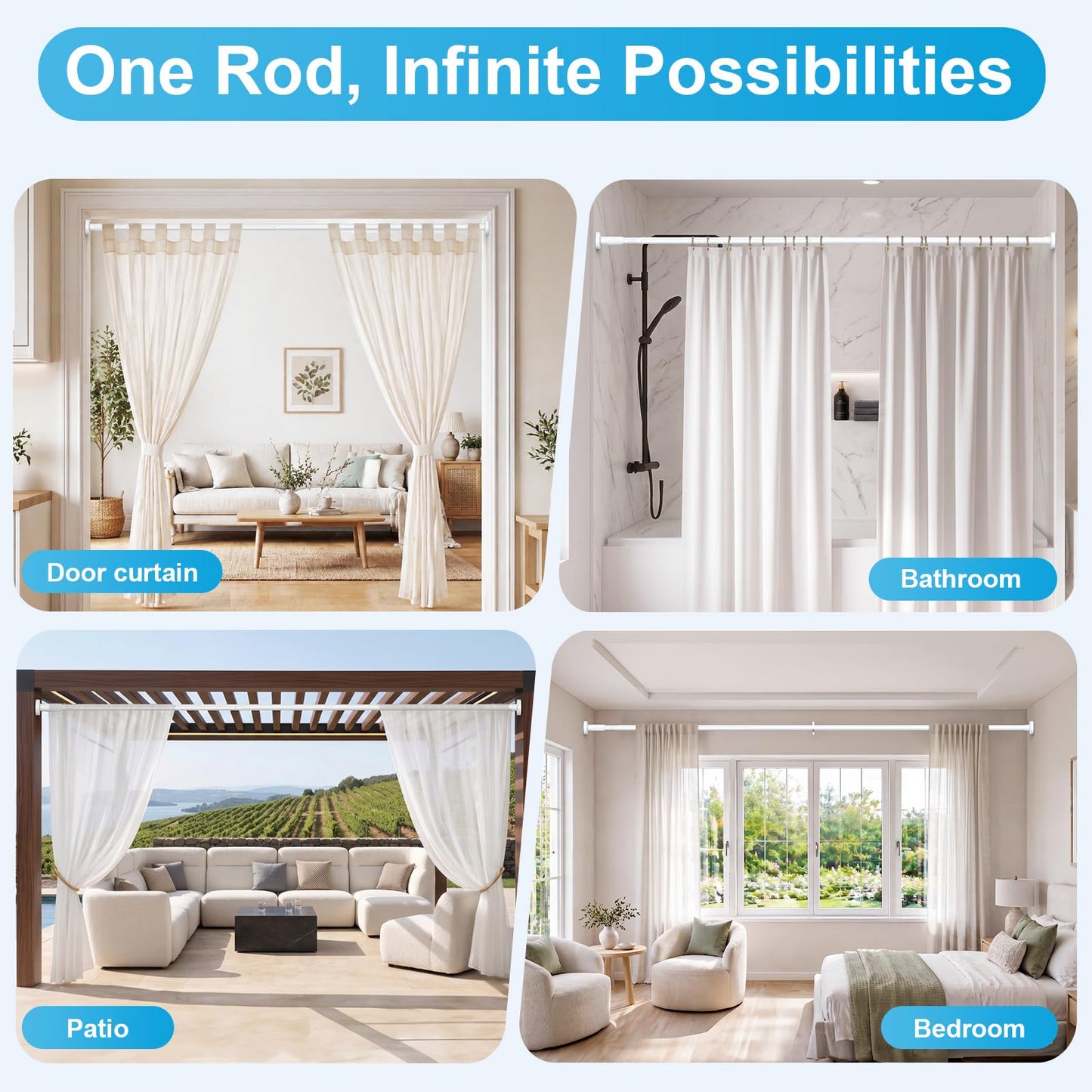 QINGYUN Extra Long No-Drill Tension Curtain Rod 40-166 Inches (4-14Ft), Heavy Duty Adjustable Rod for Outdoor Patio Curtains, Large Windows, Room Divider & Bathroom, White