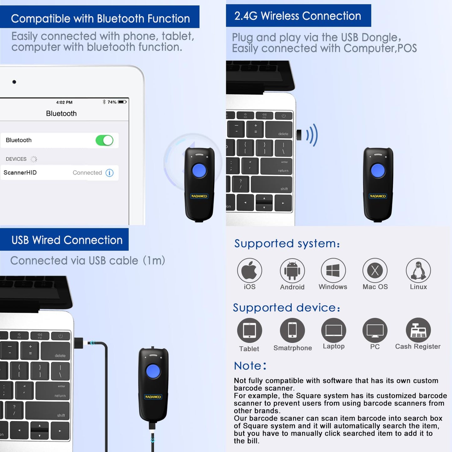NADAMOO Wireless Barcode Scanner Compatible with Bluetooth Function, 2.4G Wireless & Wired 3-in-1 Bar Code Scanner Portable USB CCD Reader, Work with iPhone iPad Android Windows Mac OS-Dark Blue
