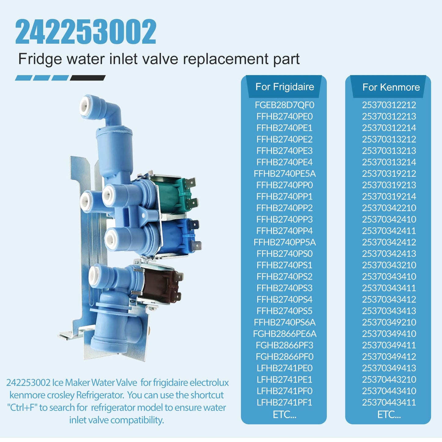 242253002 242102201 Refrigerator Ice Maker Water Inlet Valve for Frigidaire Electrolux Kenmore Crosley, Replacement Water Valve Parts 2689640, AP5669874, PS7321353, EAP7321353 Fits Model CFD DGH E23