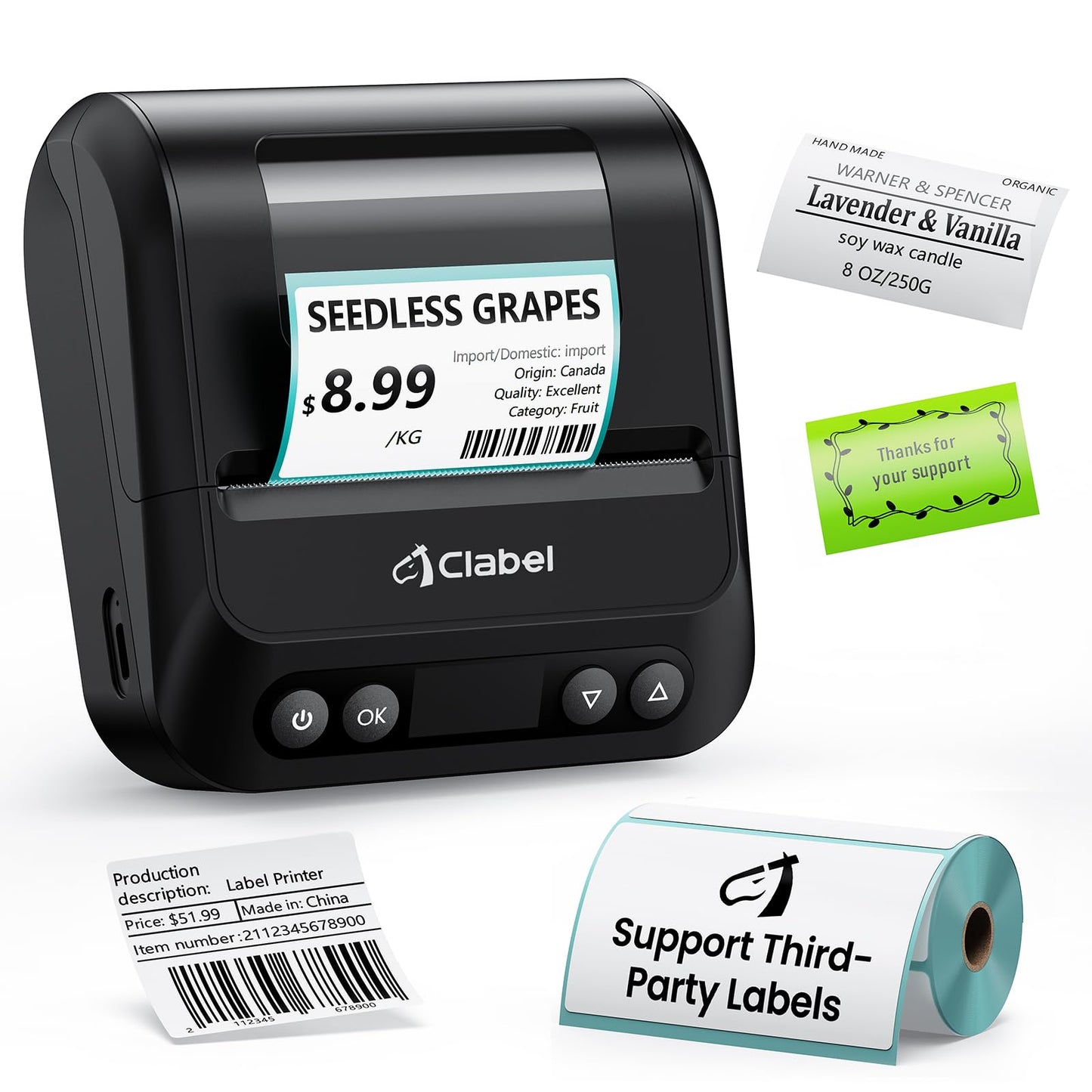 CLABEL 320B Label Maker 3 Inch Bluetooth Barcode Printer Thermal Label Printer Compatible for Small Business,Address, Office, 1 Roll 70x40mm Label