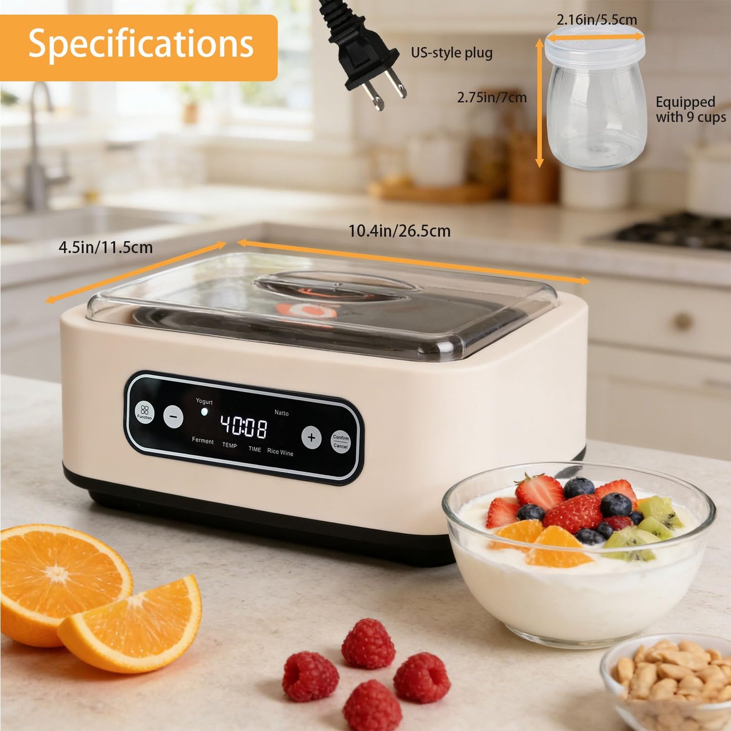 Yogurt Maker，with Timer and Temperature Control, Auto-Shutoff Feature, 1.6-Liter Stainless Steel Inner Pot + 9 Dishwasher-Safe Jars—Easily Make Fresh Probiotic Yogurt and Enjoy Natural Health