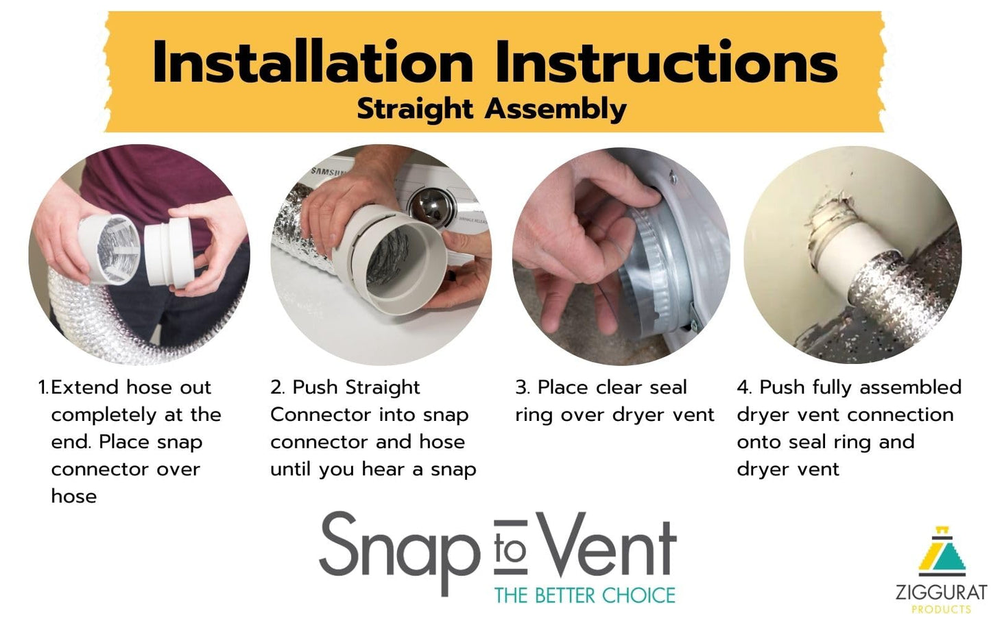 Dryer Vent Connector Kit - 90 Degree Dryer Vent Hose Connector for Tight Spaces, Space Saving Dryer Vent Elbow With Hose - DIY Toolless Design with Airtight Seal - STV-M by Ziggurat Products