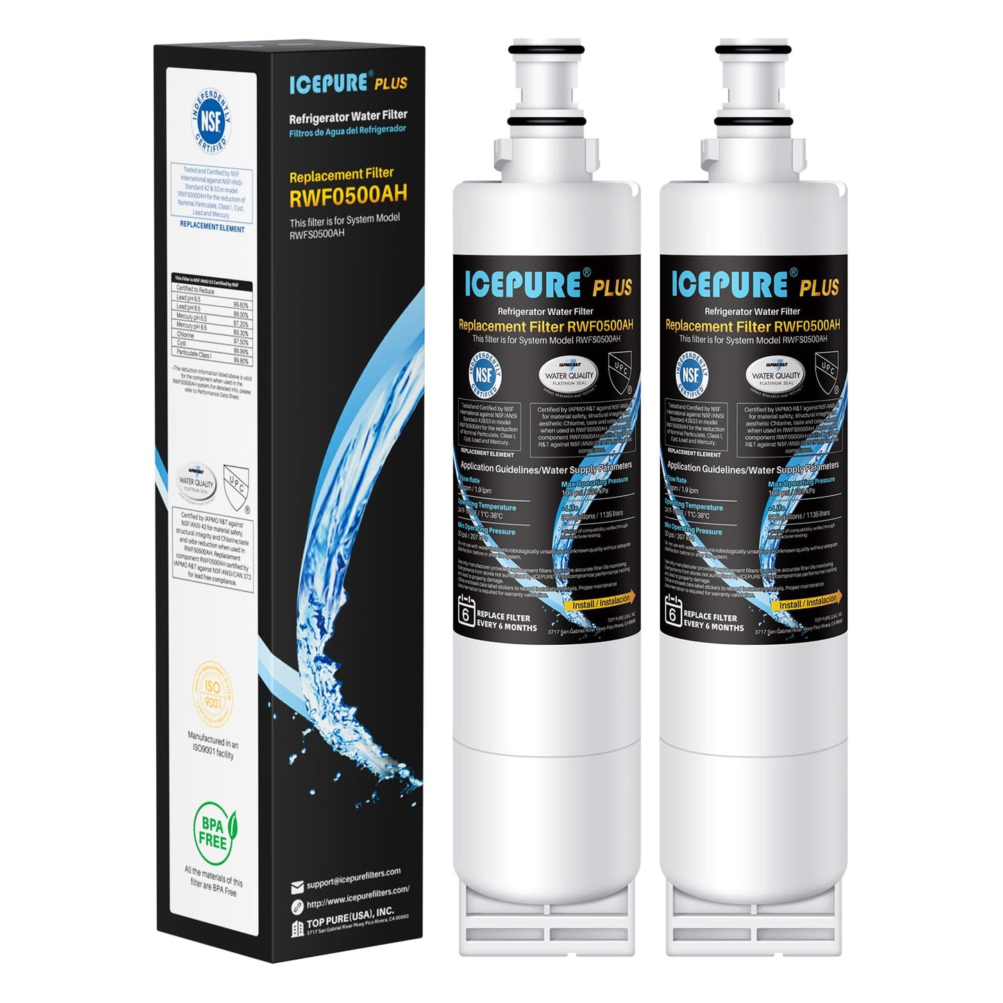 ICEPURE PLUS NSF53&42 Refrigerator Water Filter Replacement for Whirlpool 4396508 4396510, Everydrop EDR5RXD1, Filter 5, 4392857, WF285 PNL240V 4396918 9010 WF-NL300 WF-L500 RWF0500A RWF0500AH 2PACK