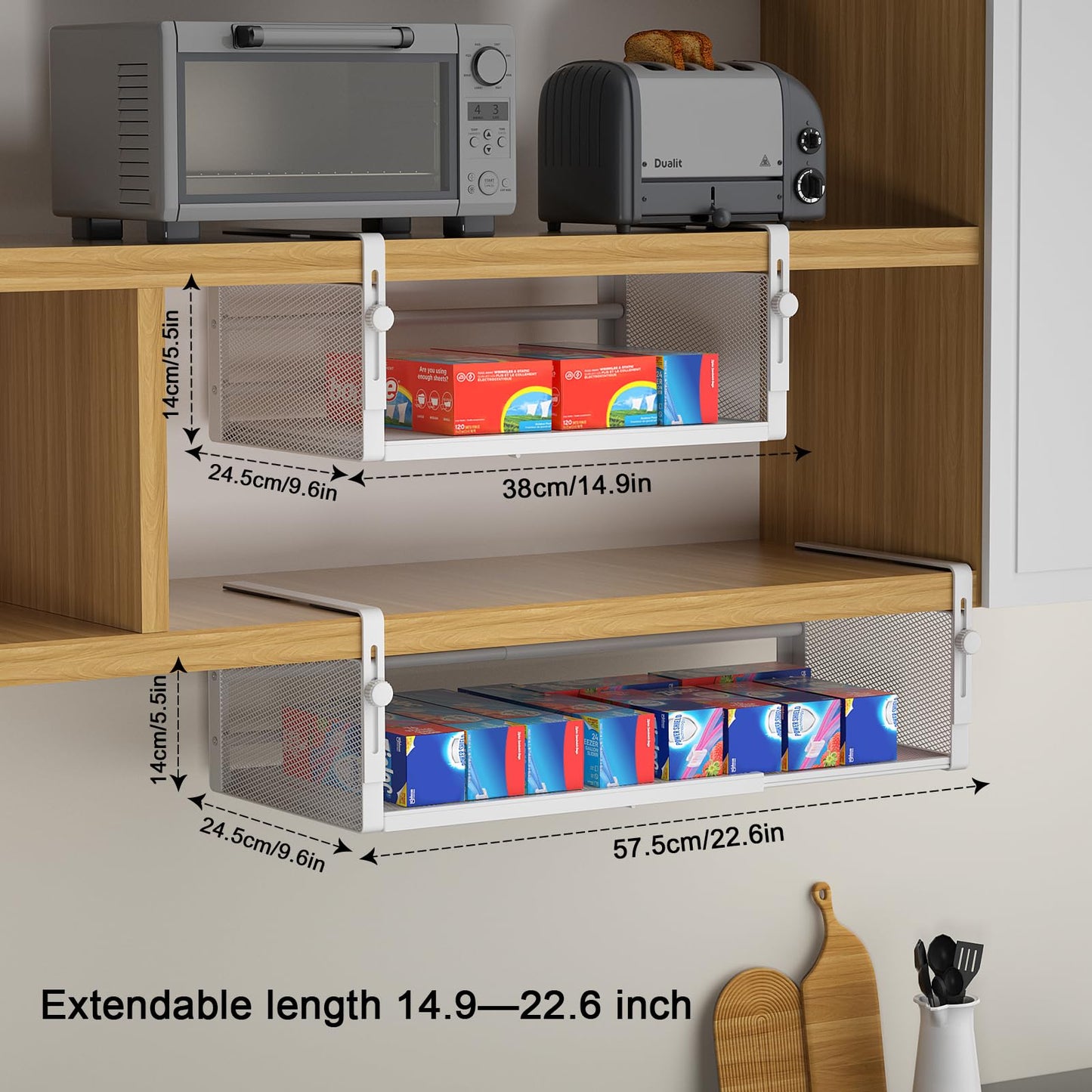 AmonHouseware 2Pack Under Shelf Basket, Adjustable Hanging Under Cabinet Shelf Storage, Hanging Holder Length Stretchable 14.9-22.6Inch for Kitchen Pantry Desk Counter Bookshelf Cupboard (White)