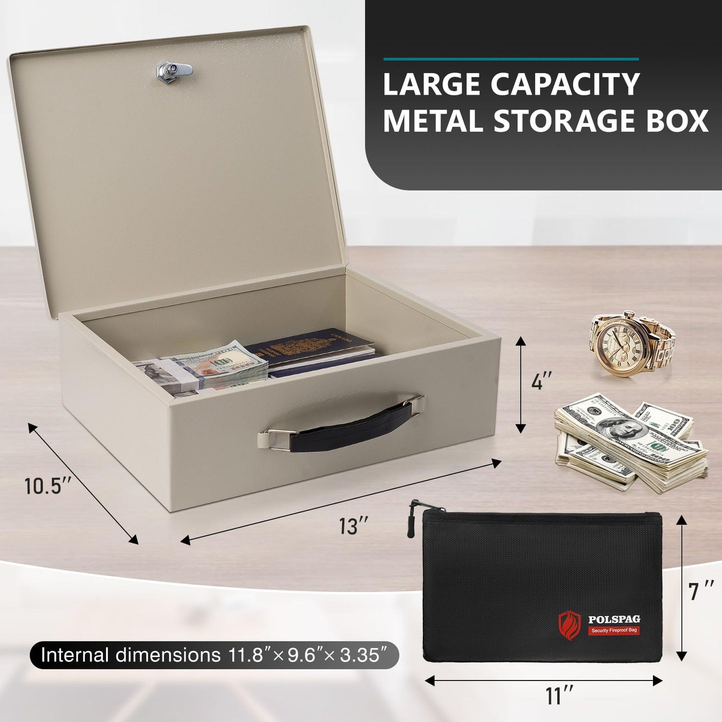 Polspag Fireproof Document Box with Key Lock & Fireproof Money Bag,Safe Storage Boxfor Valuables,Key Lock Security with Carrying Handle,Fireproof Box for Documents,Passport Extra Large (White, Large)