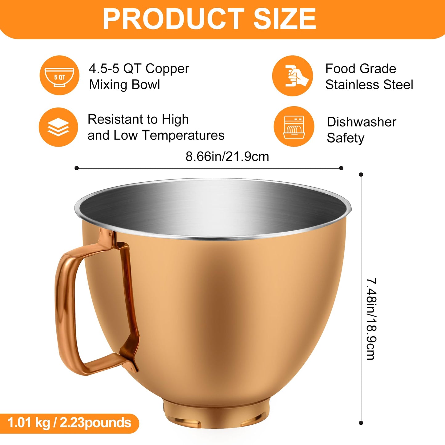 Copper Color Stainless Steel Mixer Bowl, Compatible with KitchenAid Series 4.5-5 QT Tilt-Head Mixers, Suitable for K45SS, KSM75, KSM90, KSM100, KSM150, Dishwasher Safe, Heavy Duty, No Residue