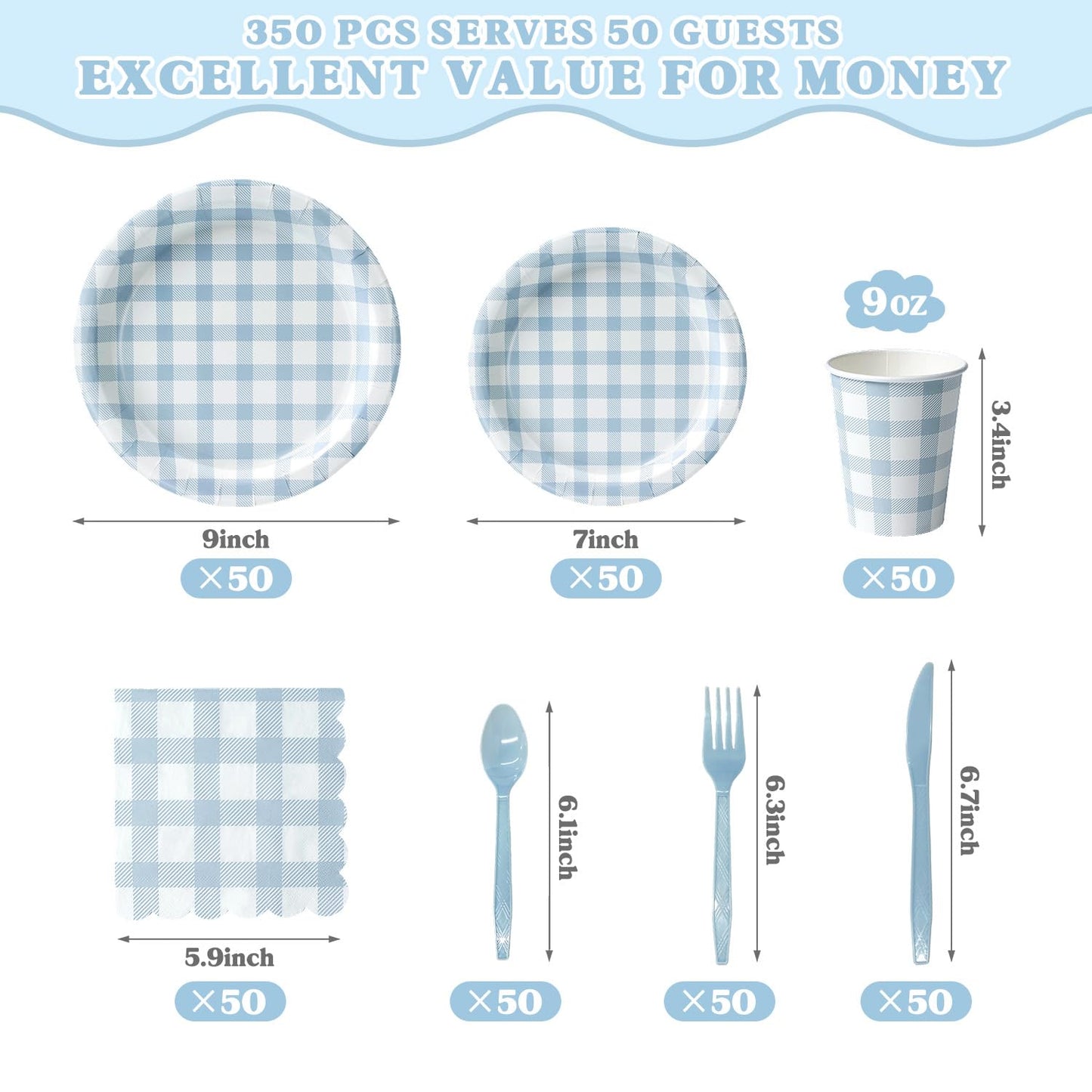 Vyntra 350 Pcs Blue Gingham Paper Plates and Napkins Set for 50, 9" Dinner Plates & 7" Dessert Plate, Baby Boy Shower Birthday Party
